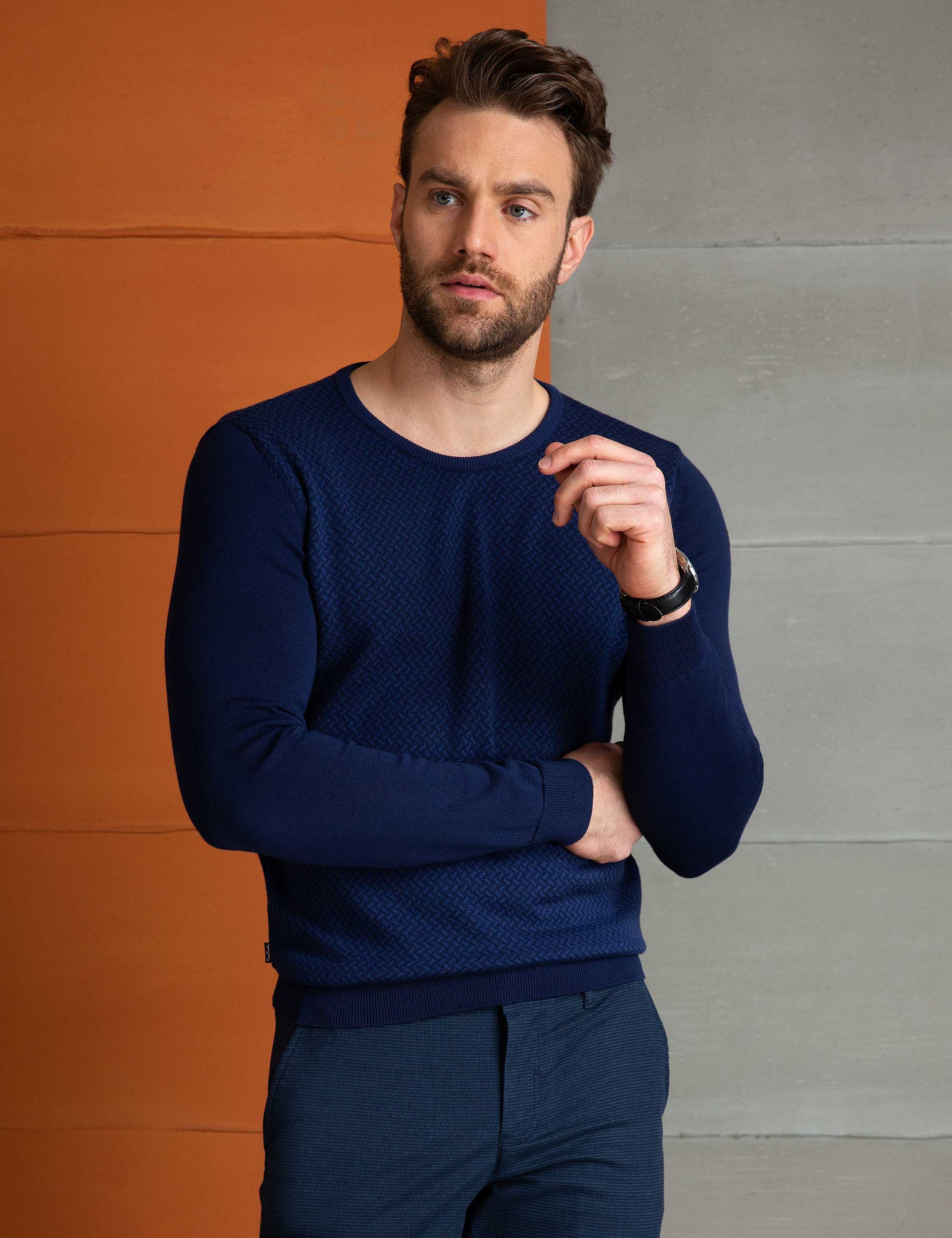Lacivert Slim Fit Bisiklet Yaka Triko Kazak - Image 1