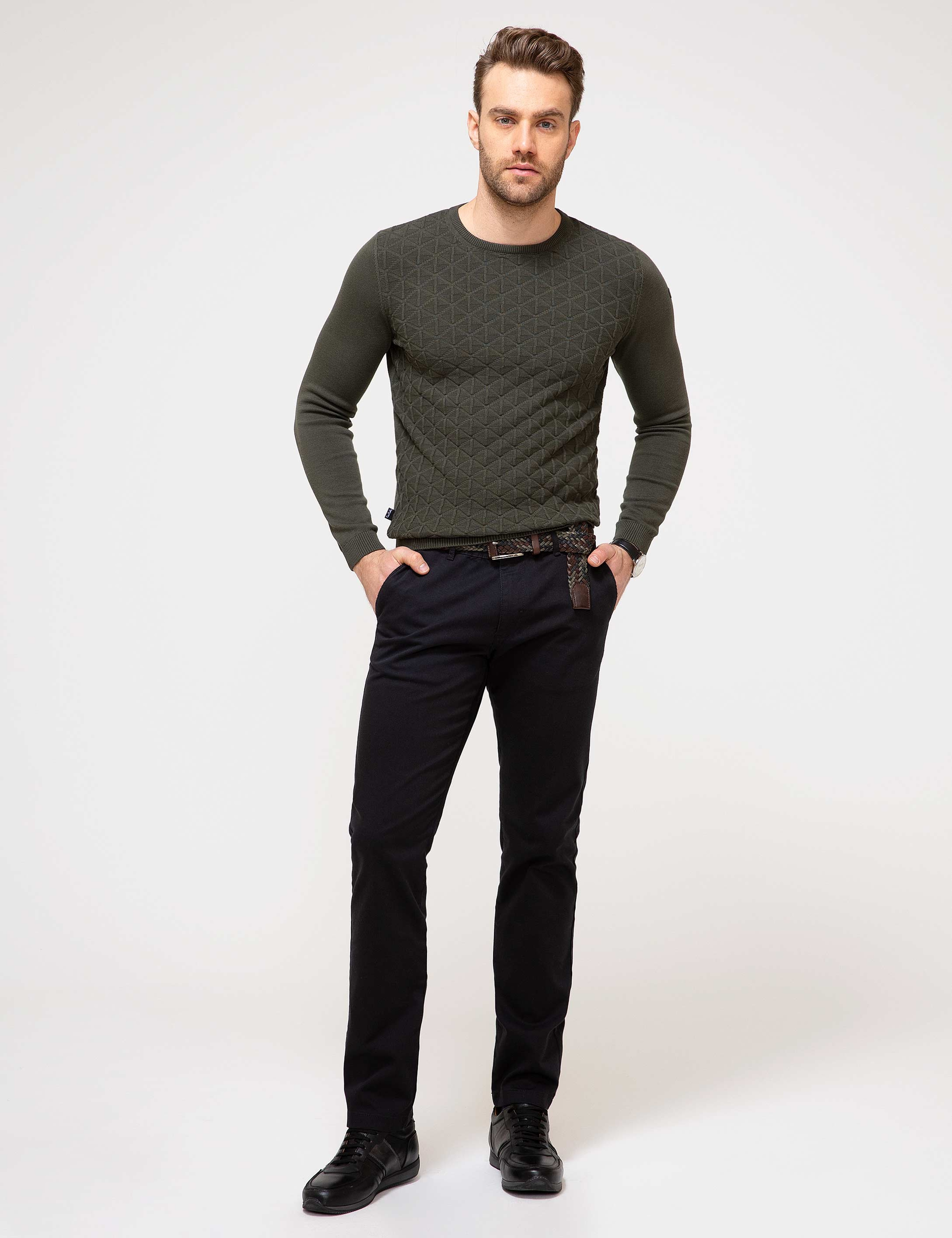 Haki Slim Fit Bisiklet Yaka Triko Kazak - Image 3