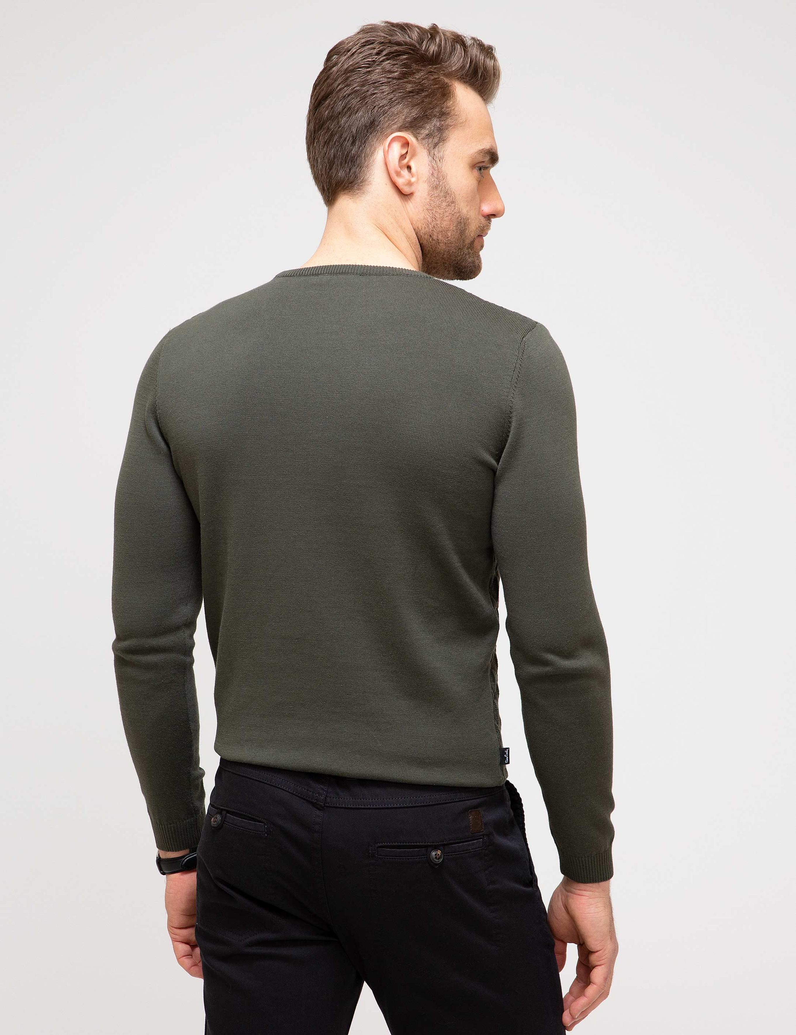 Haki Slim Fit Bisiklet Yaka Triko Kazak