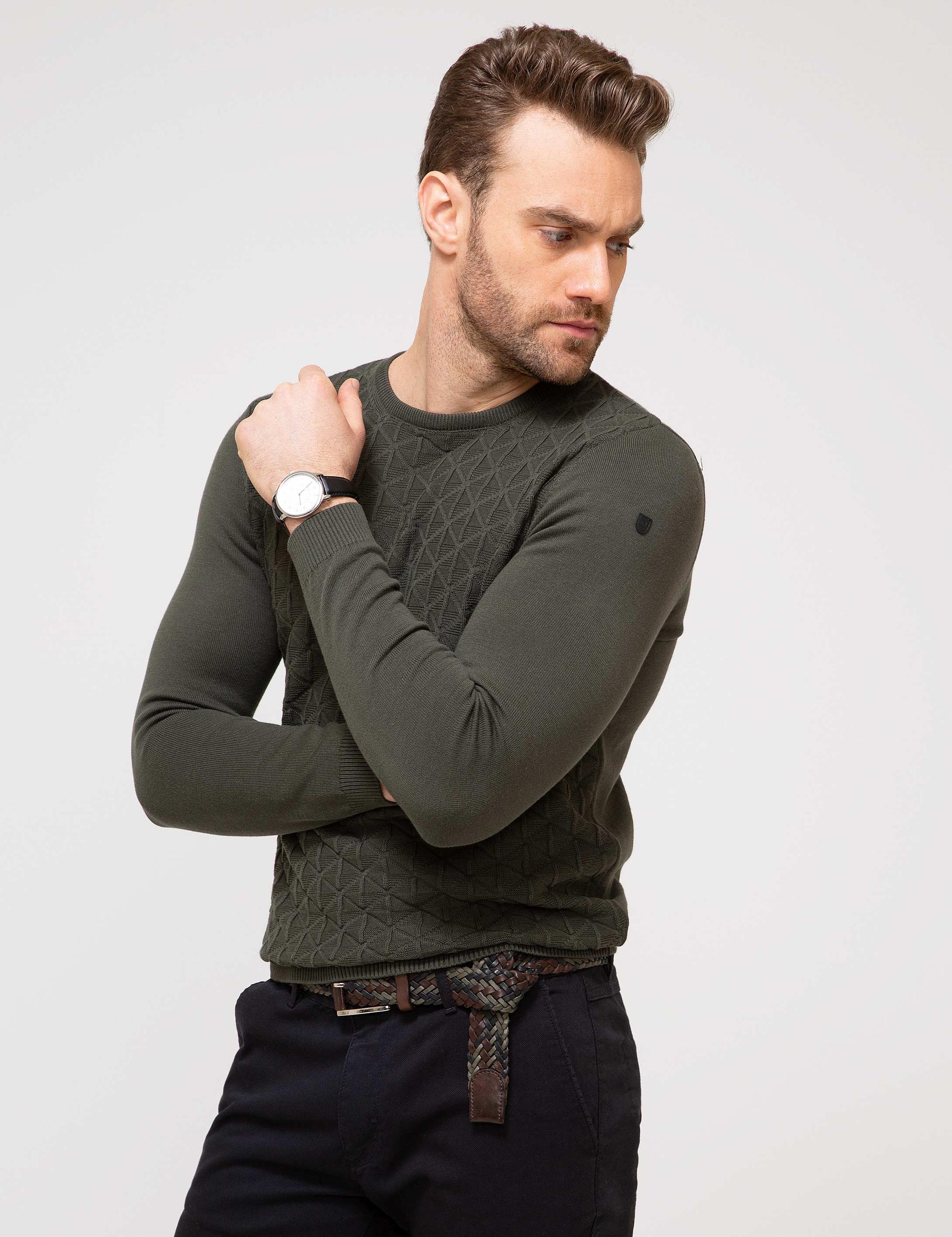 Haki Slim Fit Bisiklet Yaka Triko Kazak