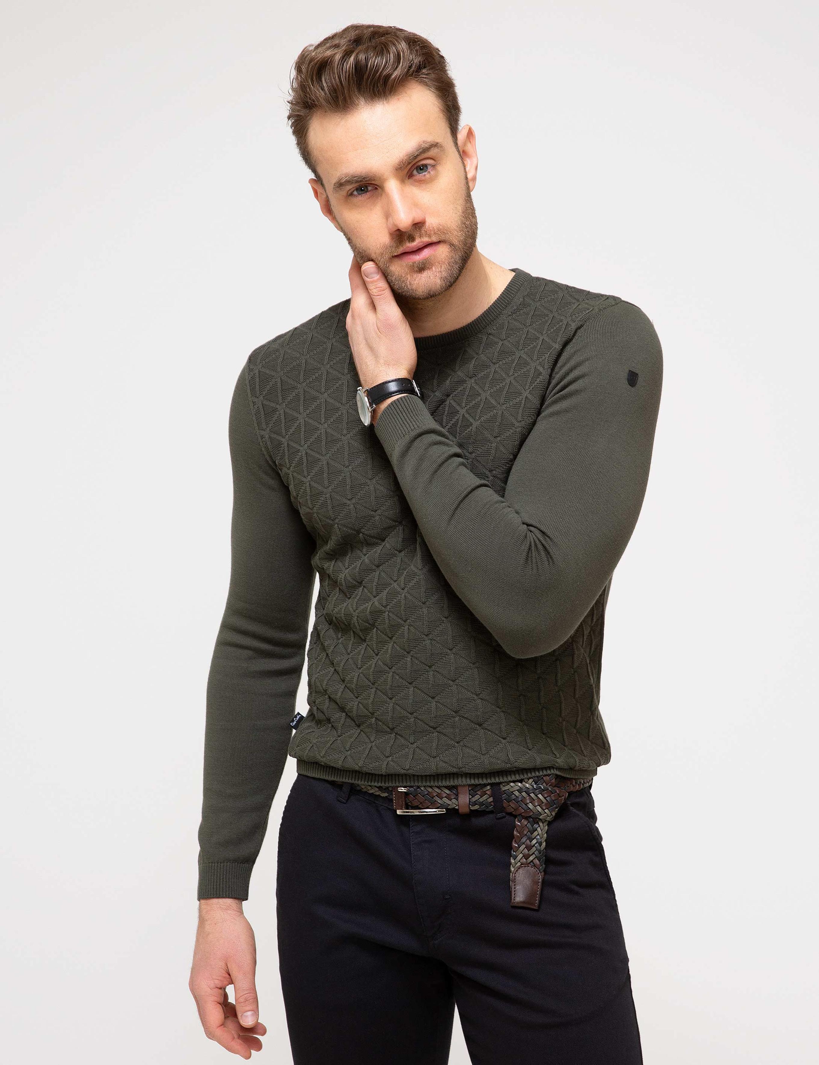 Haki Slim Fit Bisiklet Yaka Triko Kazak