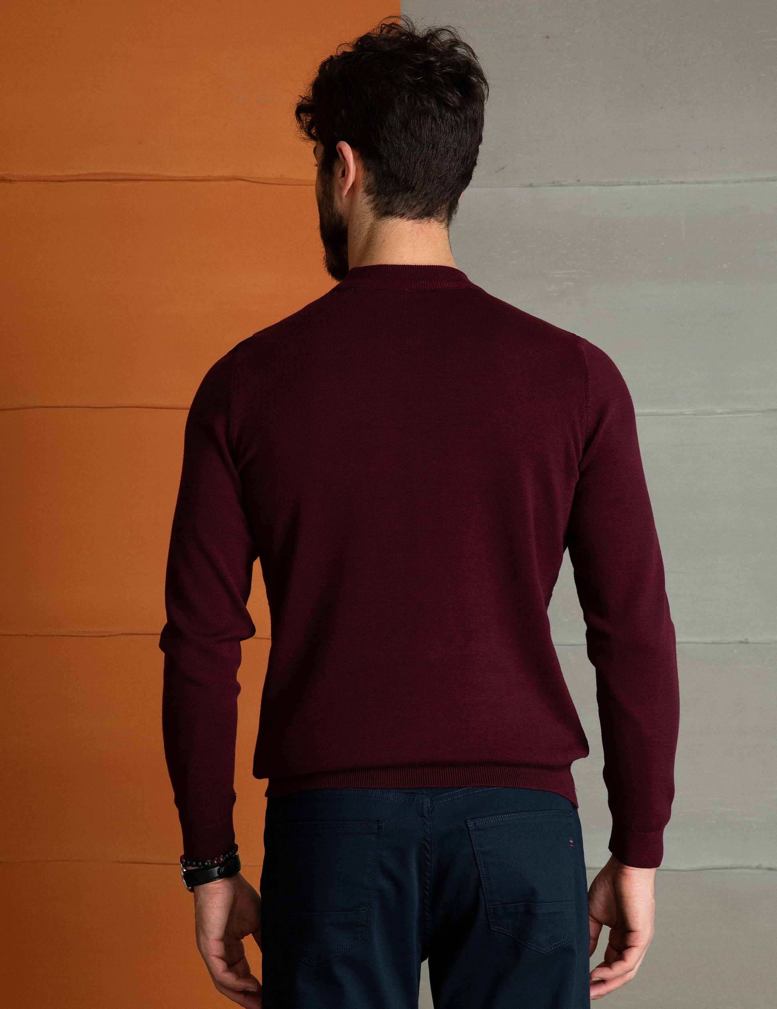 Bordo Slim Fit Yarım Balıkçı Yaka Triko Kazak
