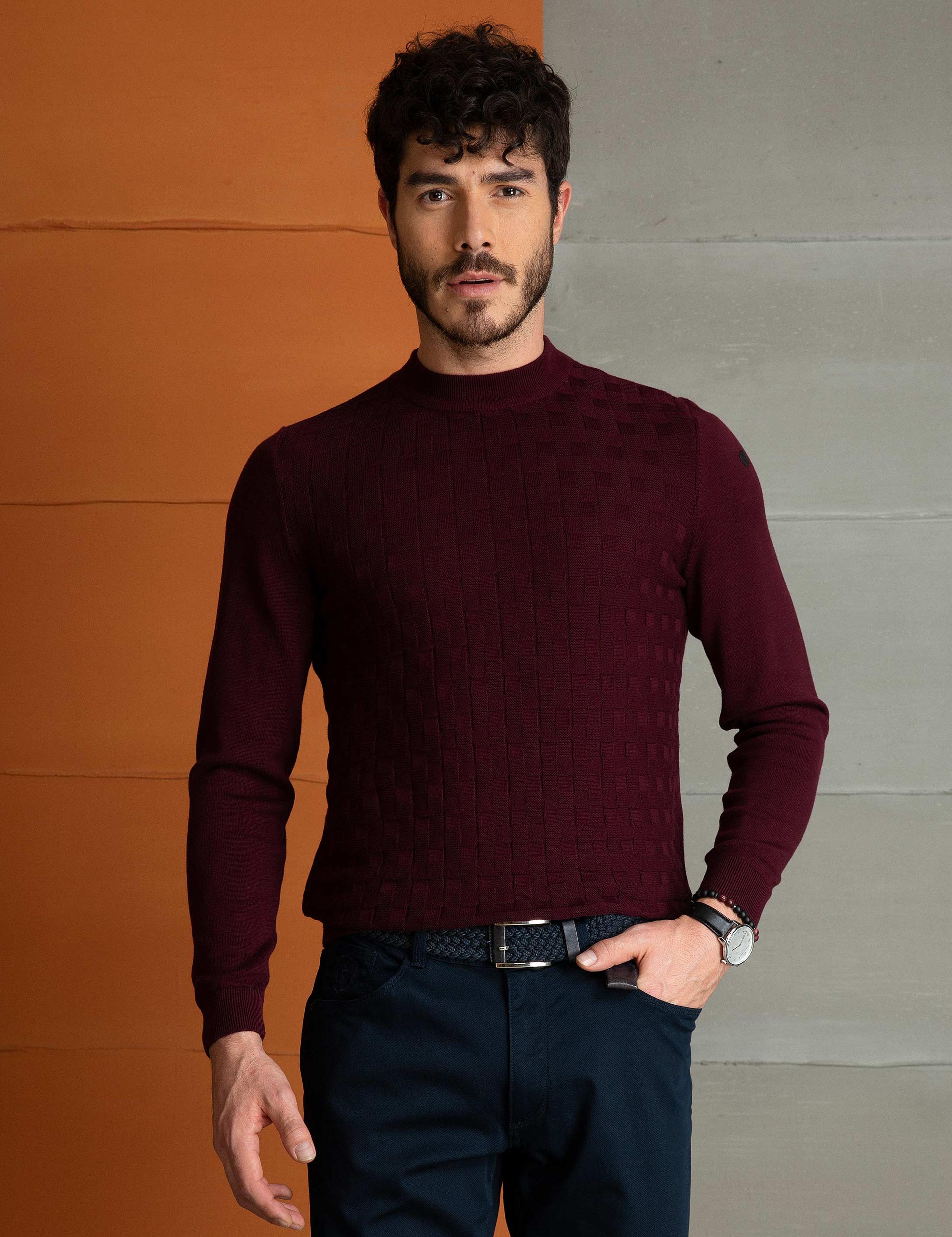 Bordo Slim Fit Yarım Balıkçı Yaka Triko Kazak