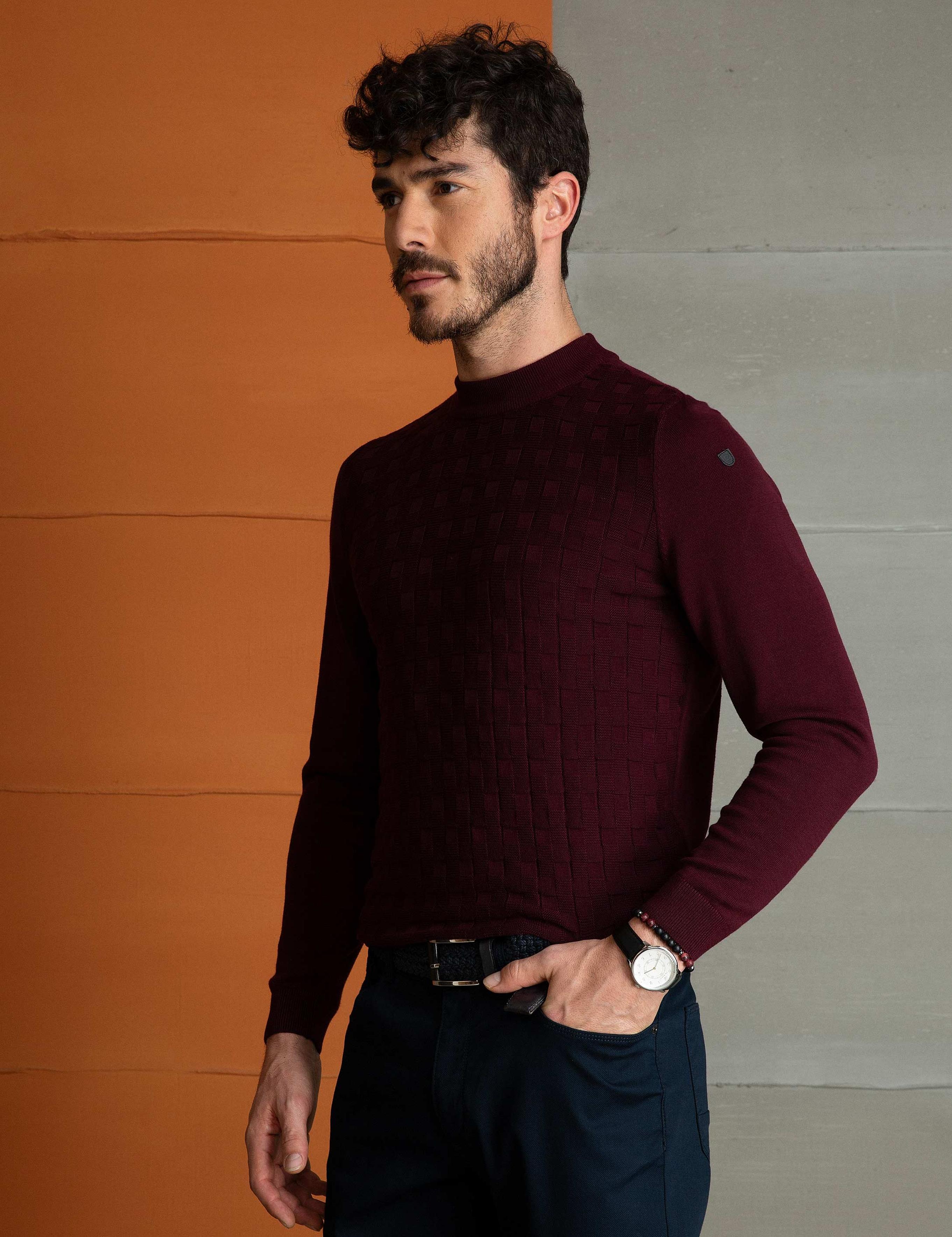 Bordo Slim Fit Yarım Balıkçı Yaka Triko Kazak