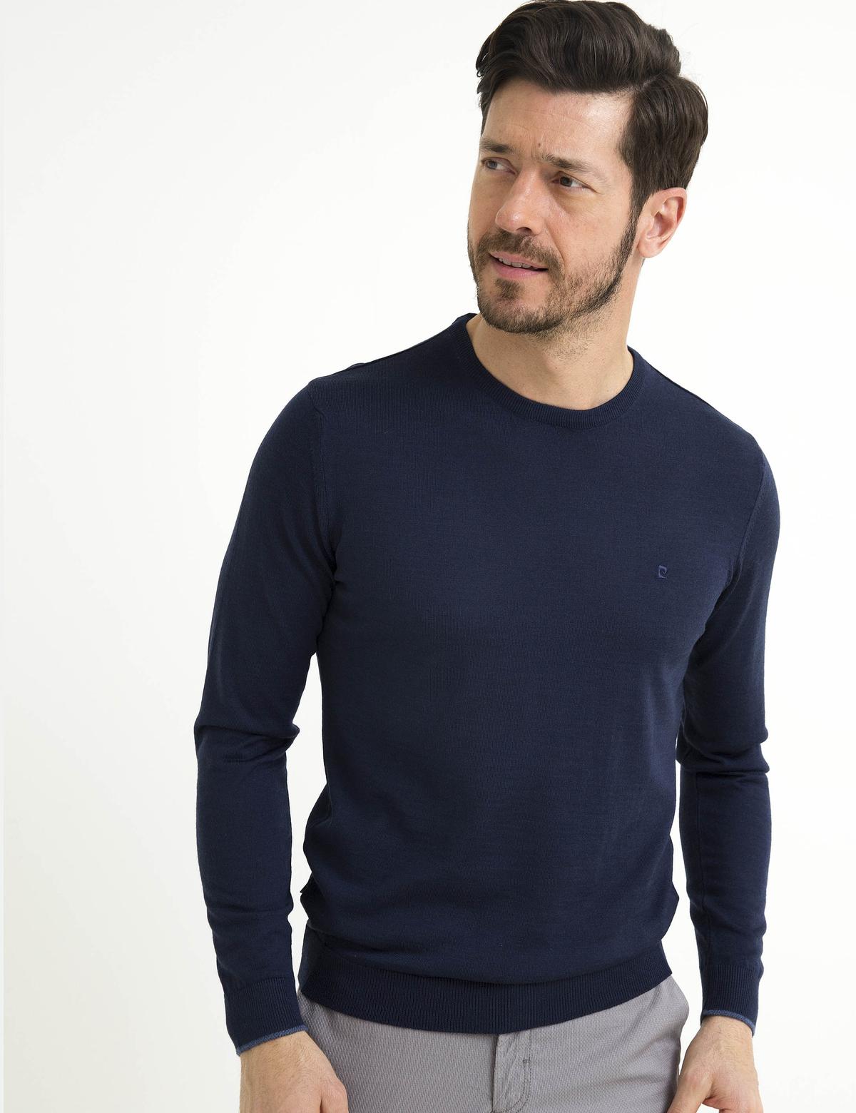 Lacivert Slim Fit Bisiklet Yaka Basic Triko Kazak