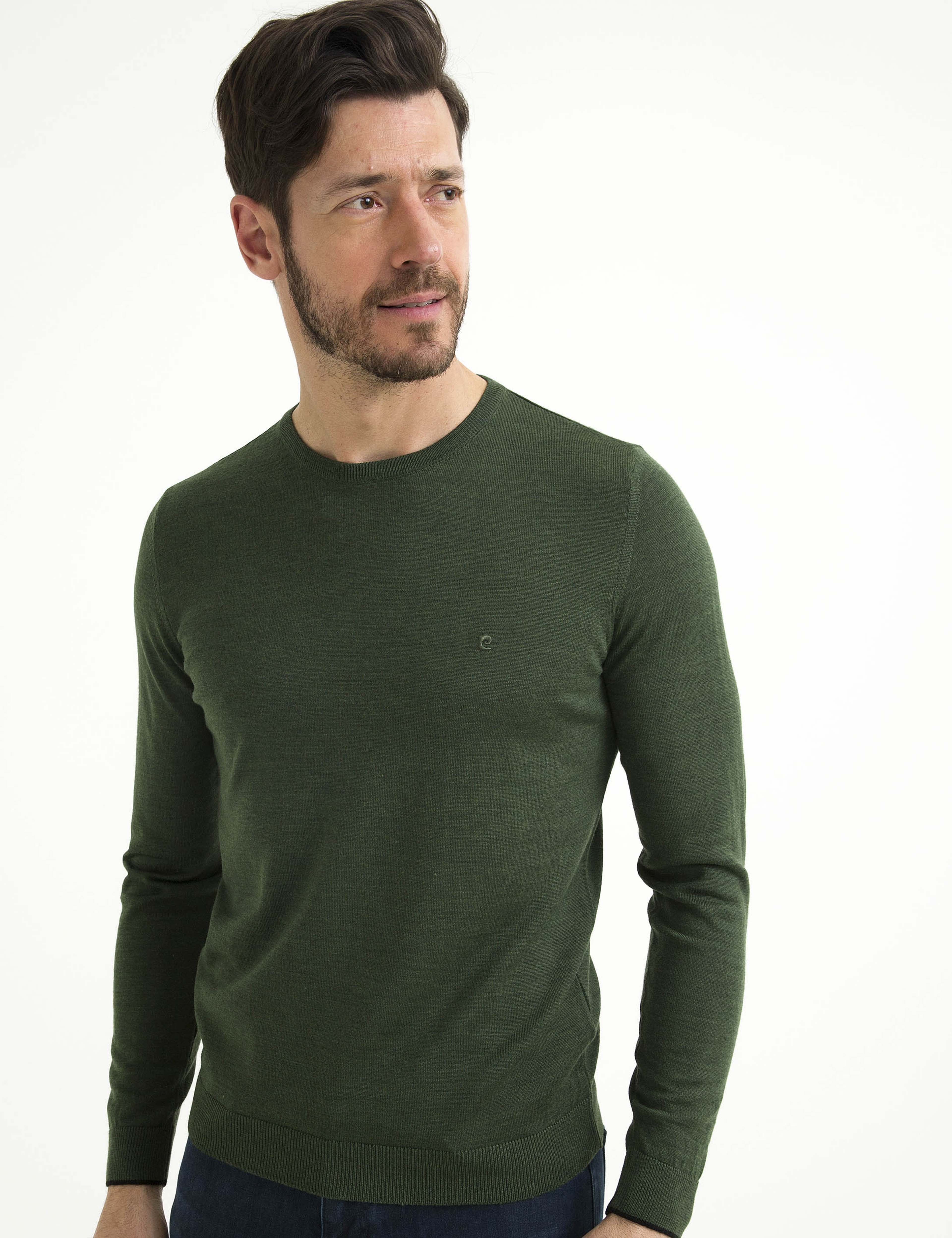Yeşil Slim Fit Bisiklet Yaka Basic Triko Kazak - Image 1