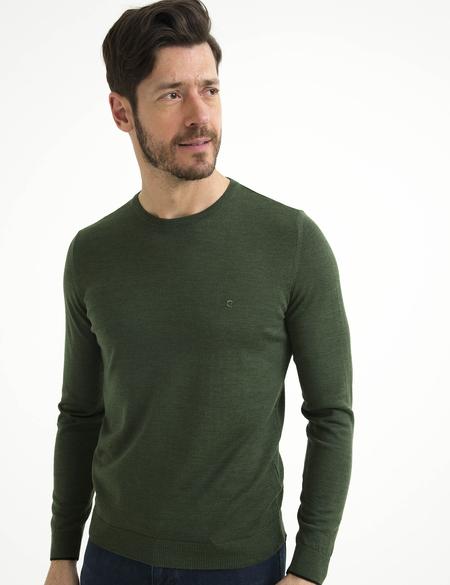 Yeşil Slim Fit Bisiklet Yaka Basic Triko Kazak - 50193440041