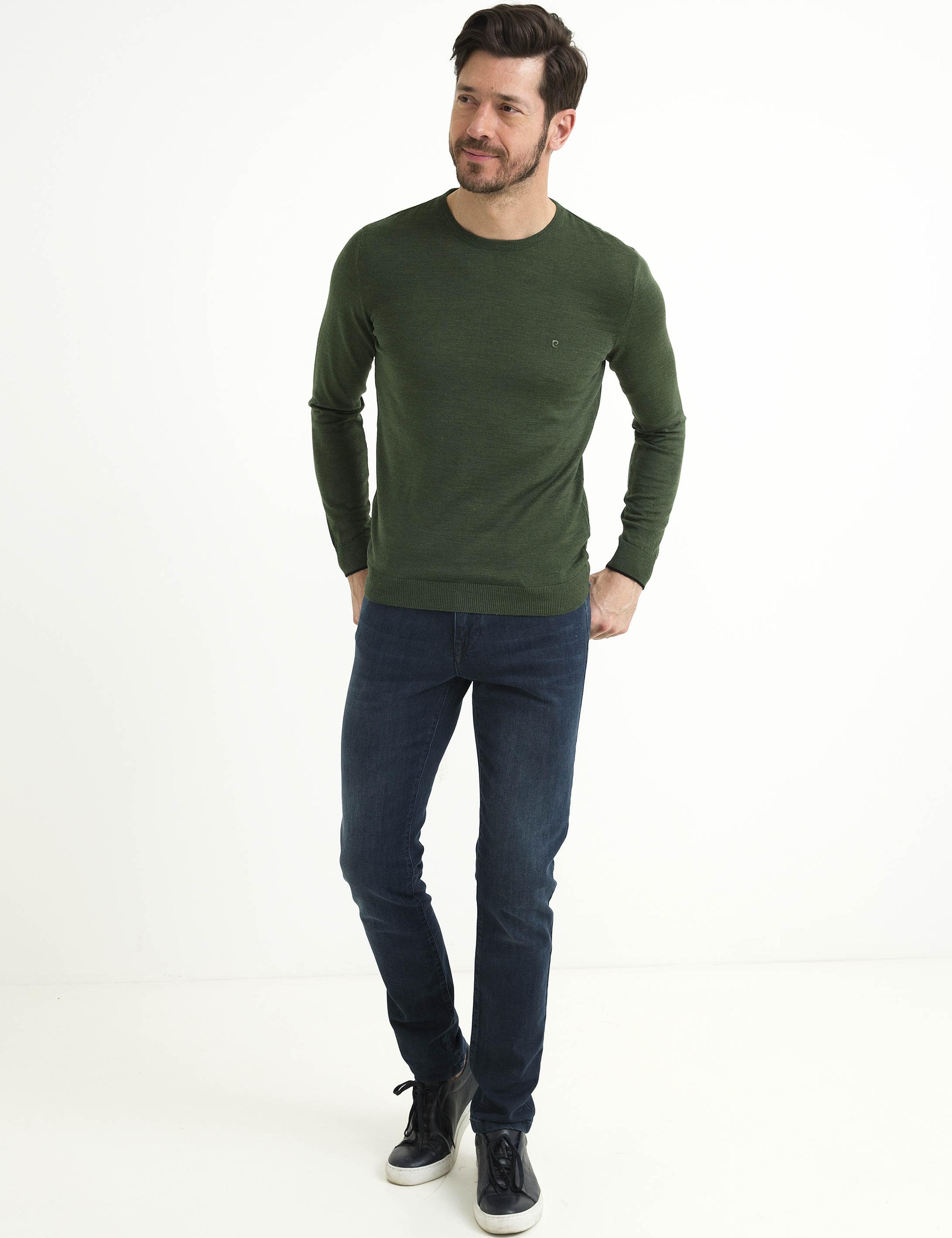 Yeşil Slim Fit Bisiklet Yaka Basic Triko Kazak