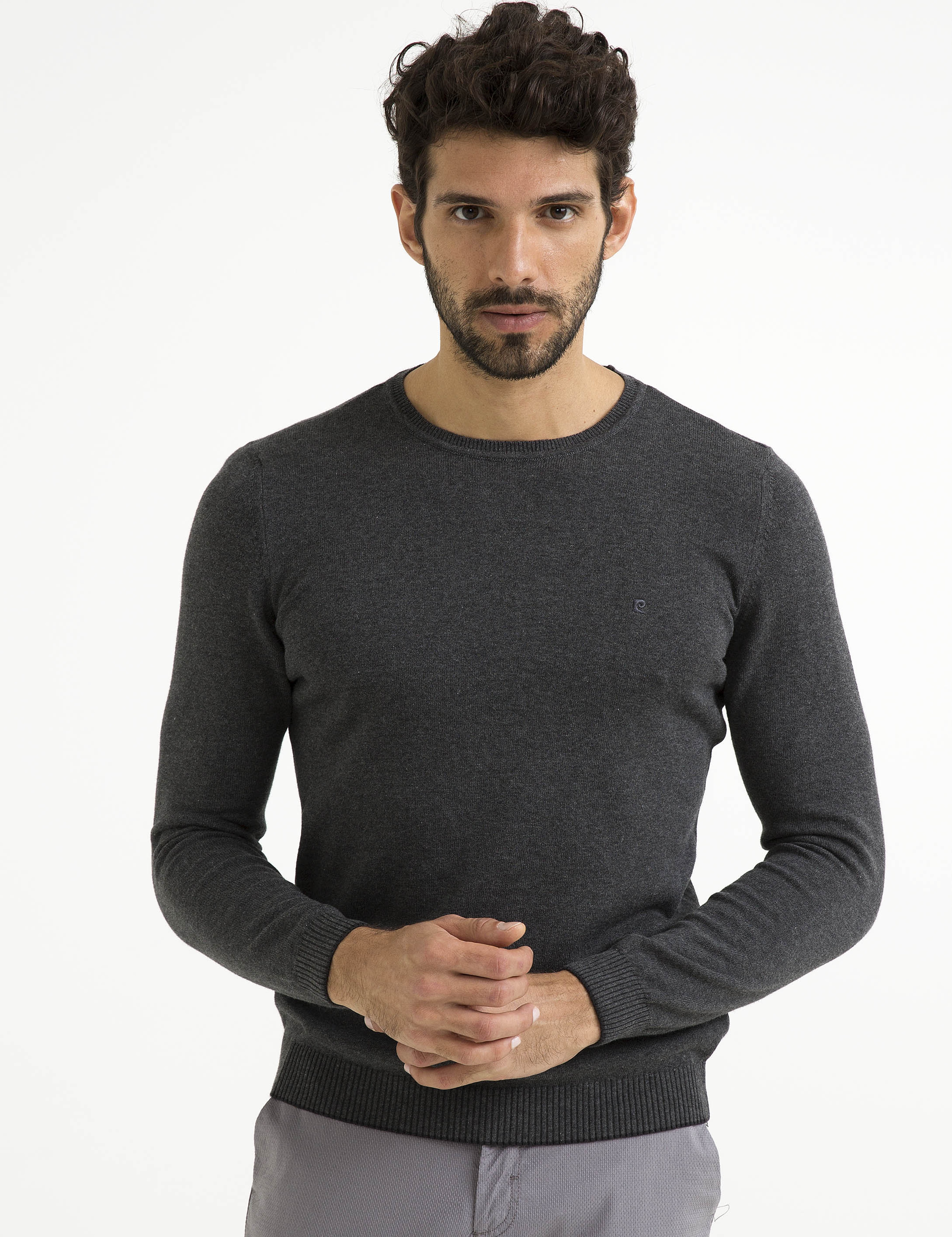 Gri Melanj Slim Fit Bisiklet Yaka Basic Triko Kazak - Image 1