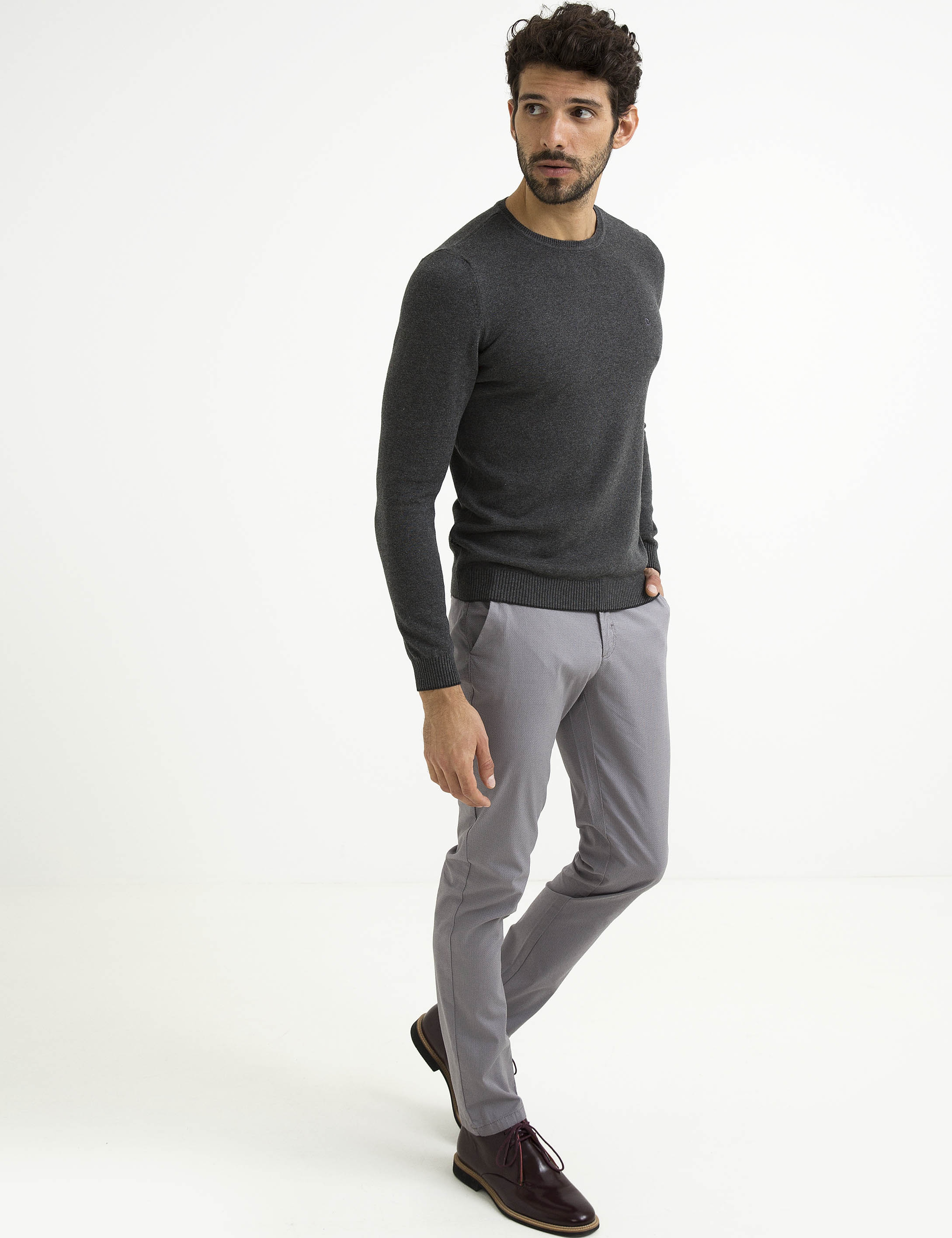 Gri Melanj Slim Fit Bisiklet Yaka Basic Triko Kazak - Image 2