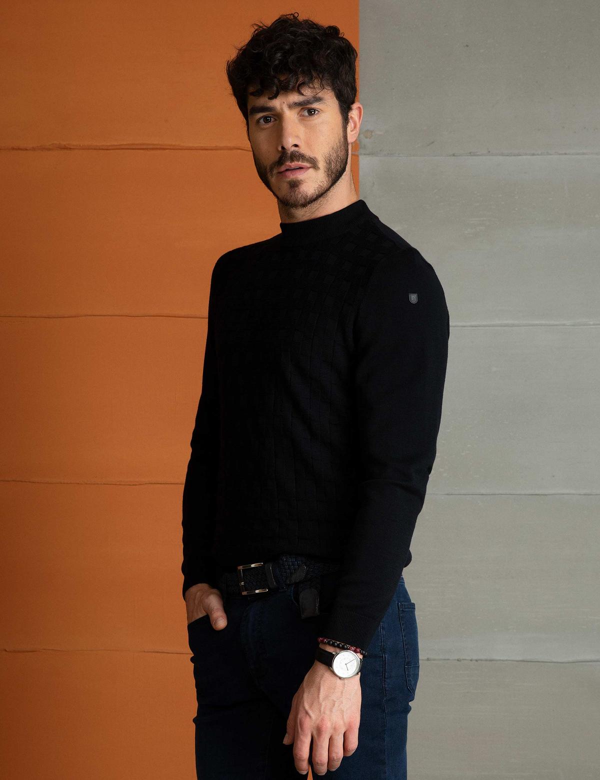 Siyah Slim Fit Triko Kazak - 50197192013