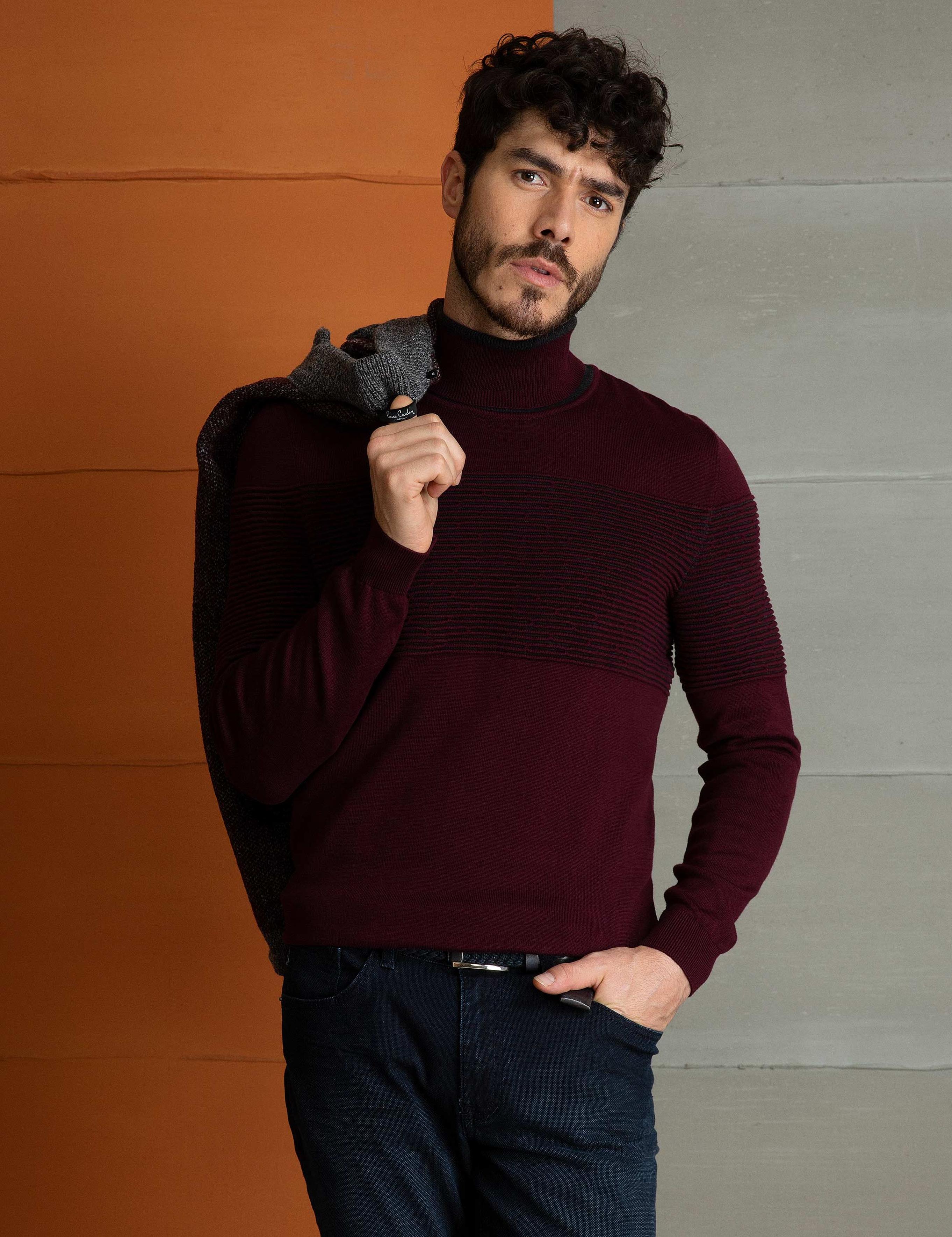 Bordo Slim Fit Balıkçı Yaka Triko Kazak