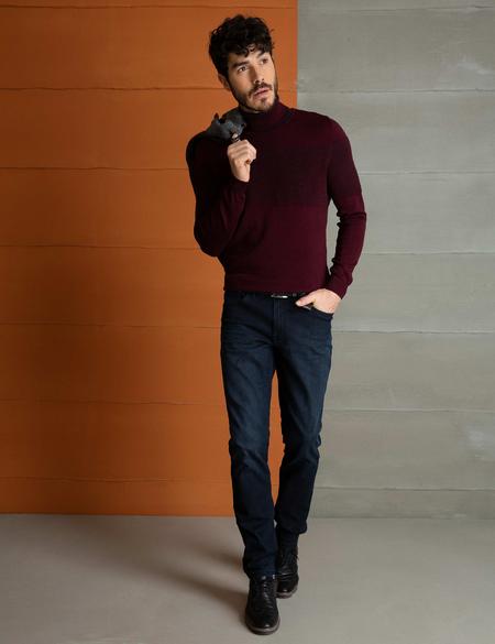 Bordo Slim Fit Balıkçı Yaka Triko Kazak - 50193384033