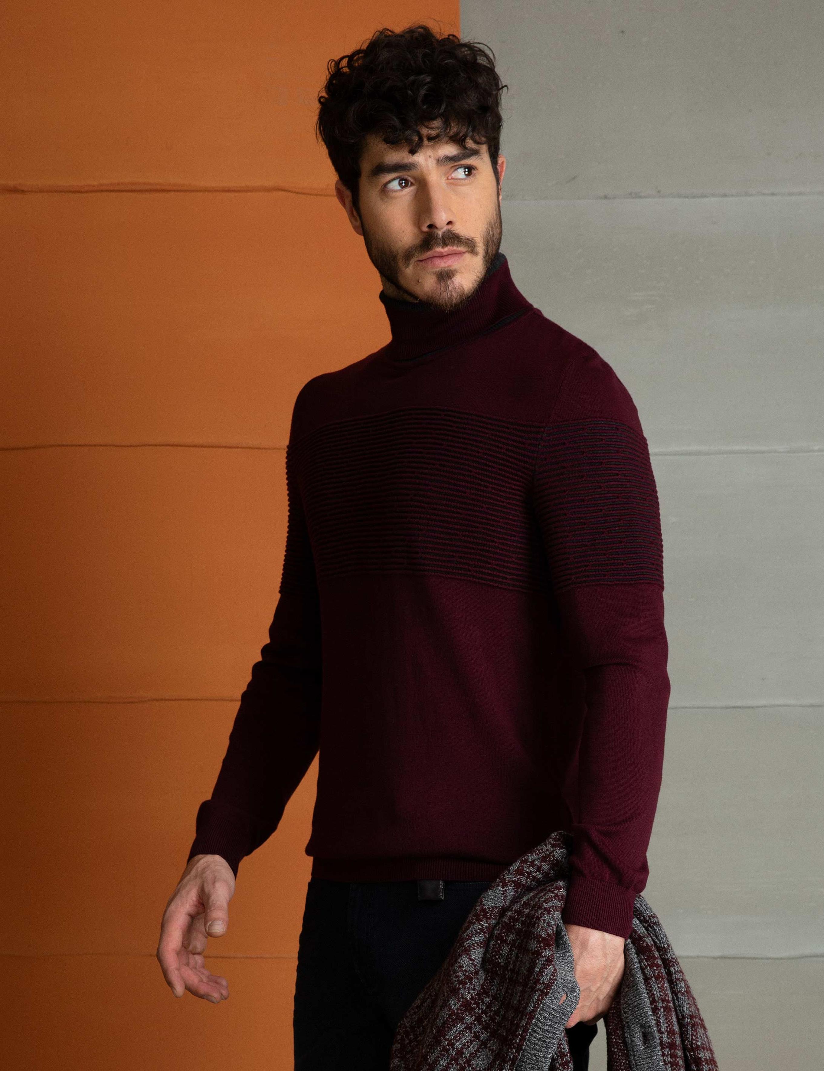 Bordo Slim Fit Balıkçı Yaka Triko Kazak