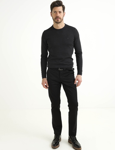 Antrasit Melanj Slim Fit Bisiklet Yaka Yün Karışımlı Basic Triko Kazak