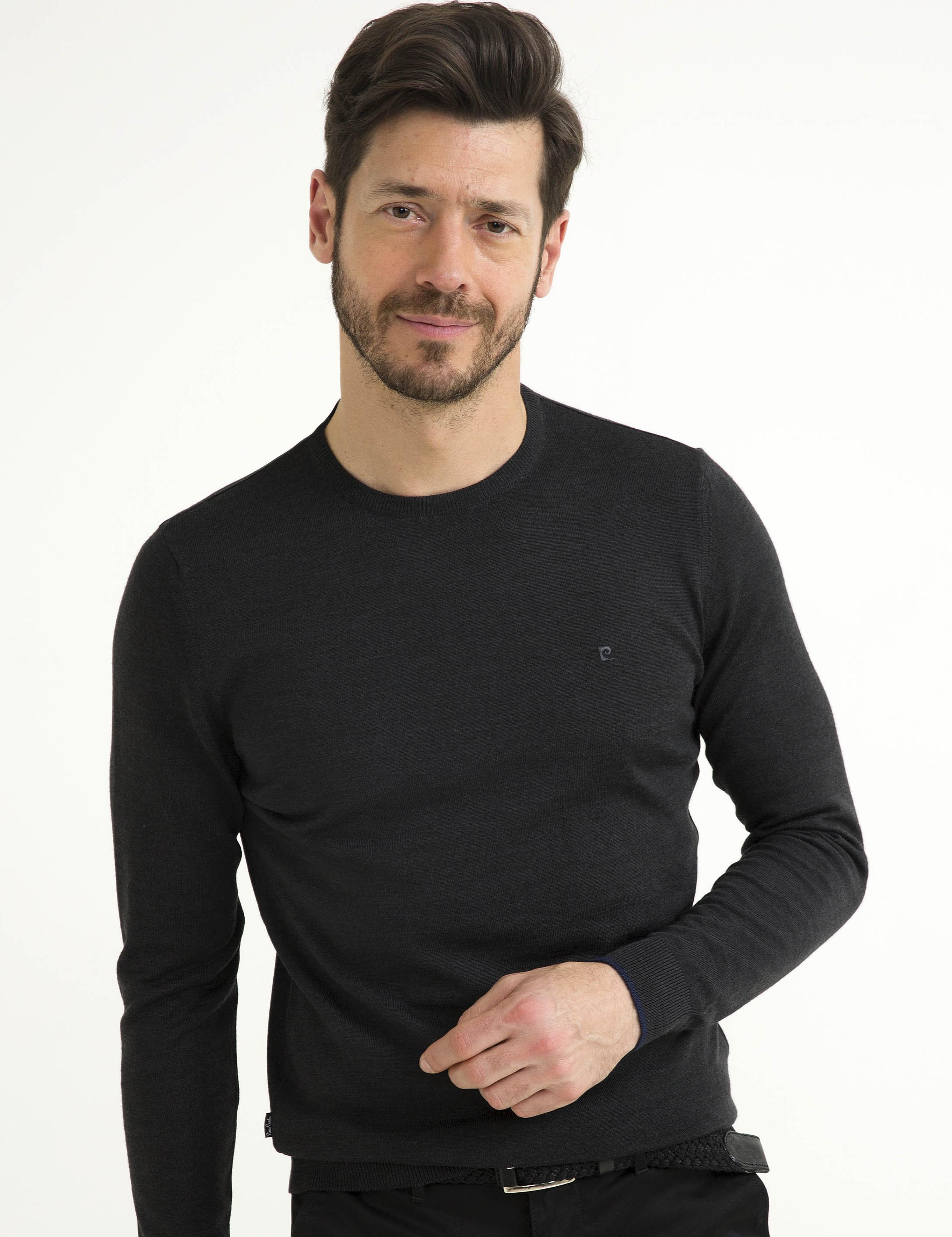 Antrasit Melanj Slim Fit Bisiklet Yaka Yün Karışımlı Basic Triko Kazak