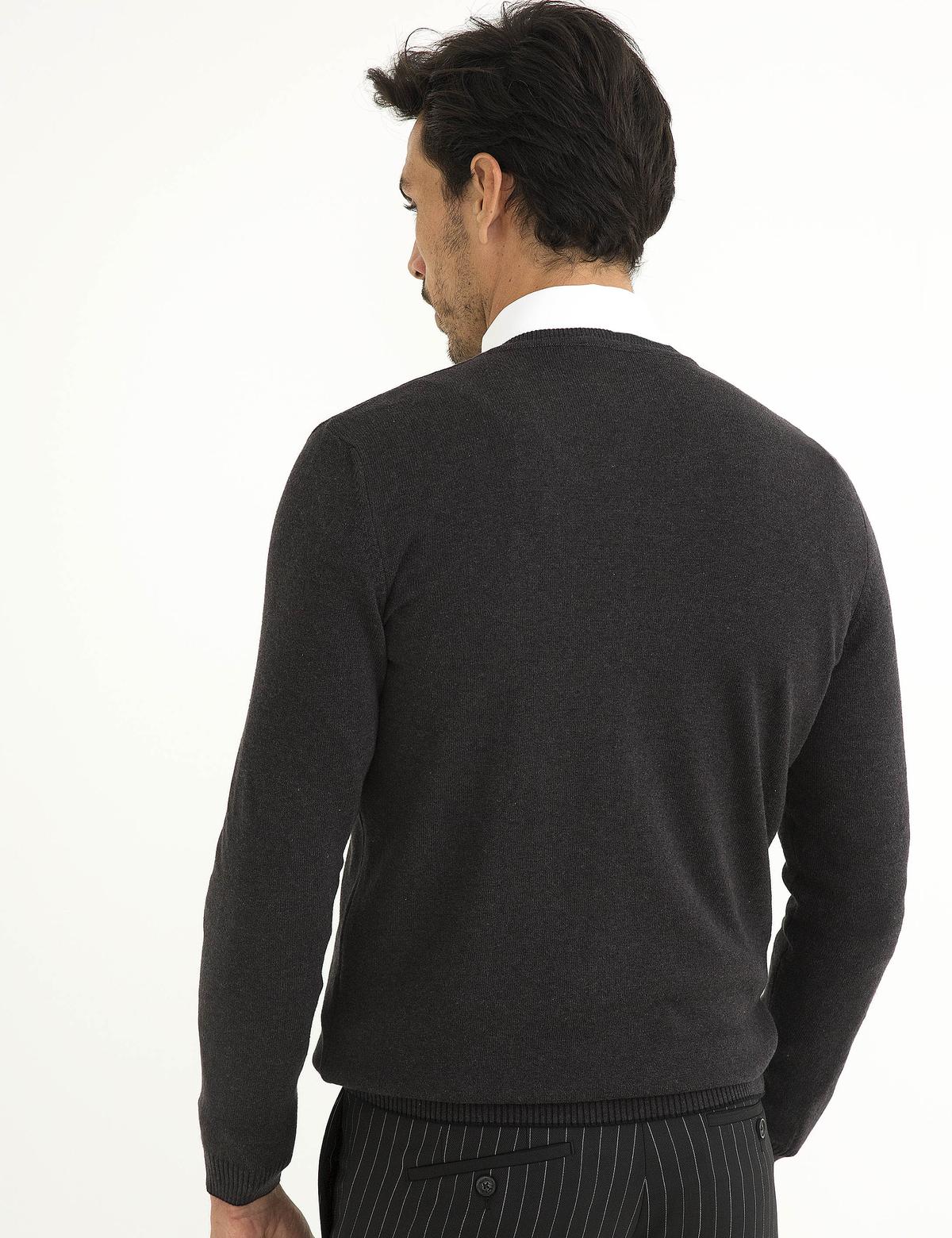 Antrasit Melanj Slim Fit V Yaka Basic Triko Kazak - 50194205093