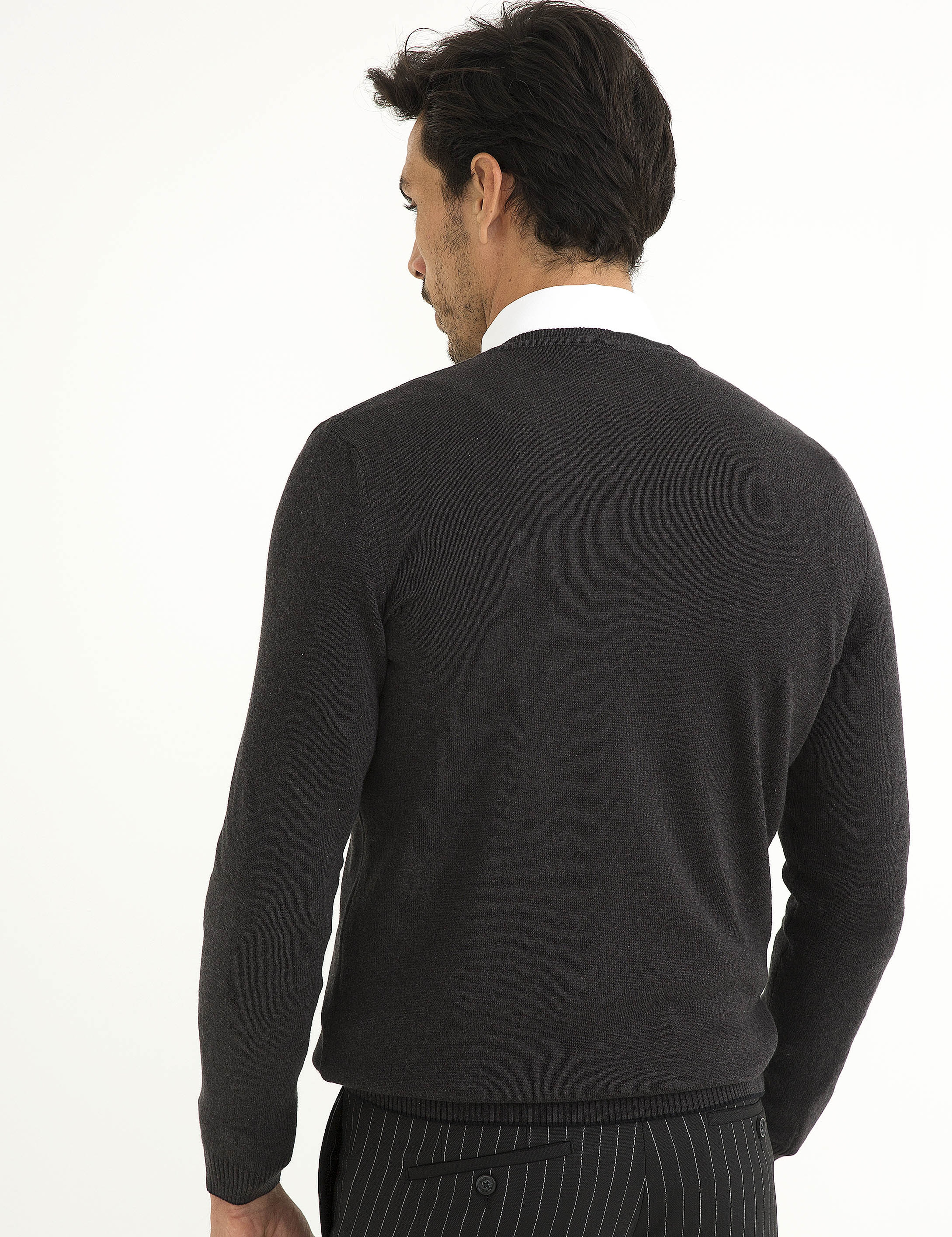 Antrasit Melanj Slim Fit V Yaka Basic Triko Kazak - Image 4