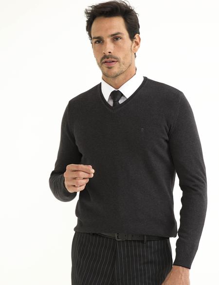 Antrasit Melanj Slim Fit V Yaka Basic Triko Kazak - 50194205093