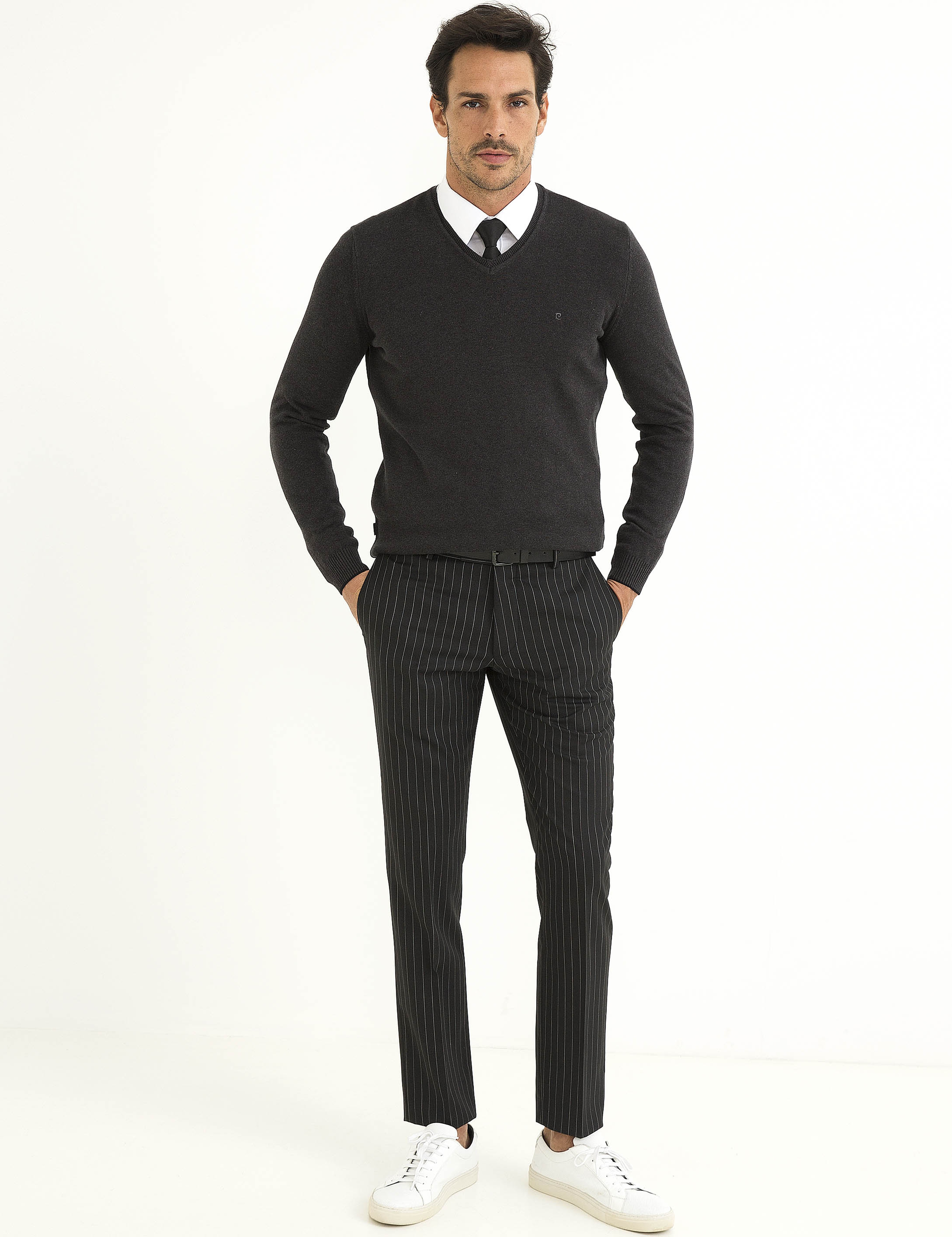 Antrasit Melanj Slim Fit V Yaka Basic Triko Kazak - Image 2