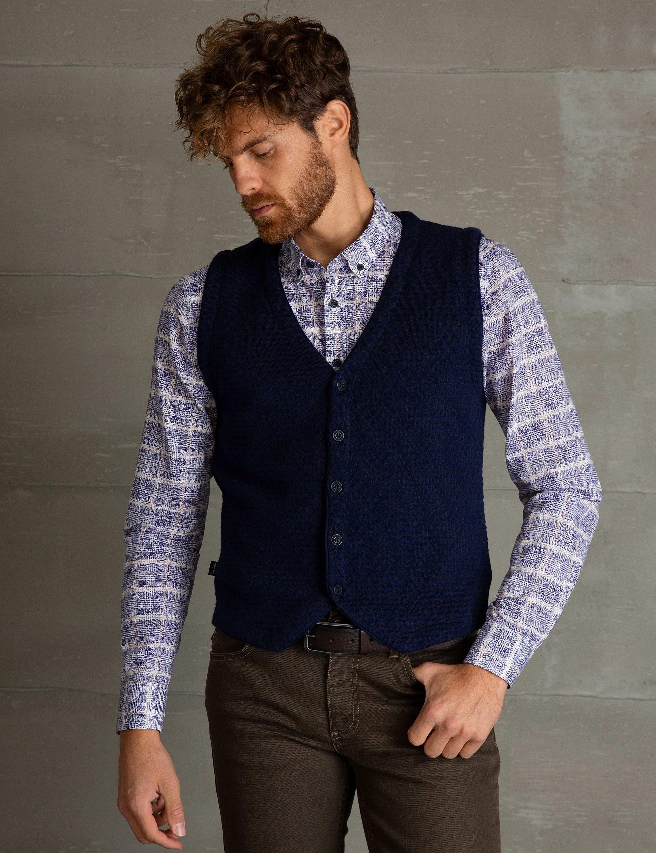 Lacivert Slim Fit Triko Yelek