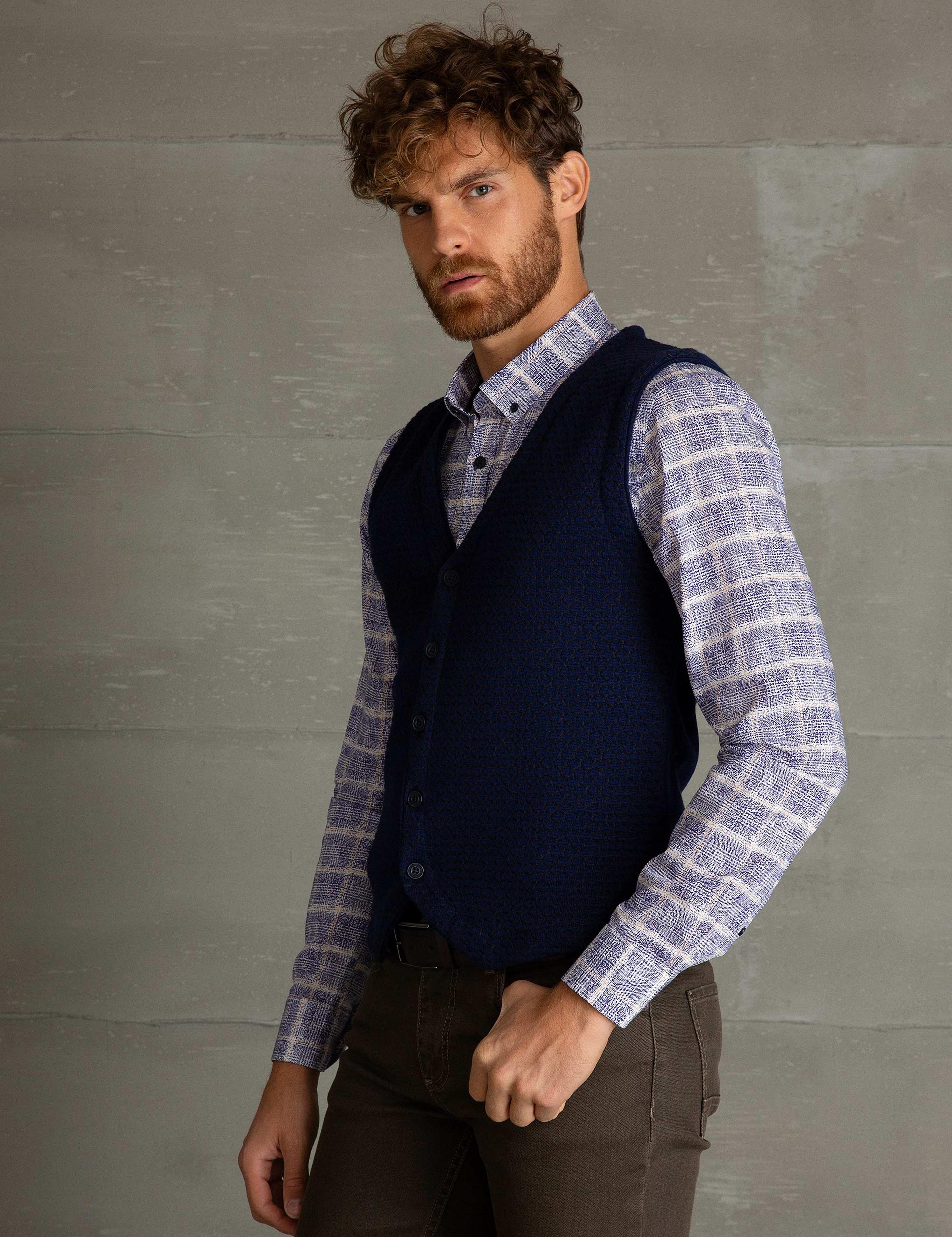 Lacivert Slim Fit Triko Yelek