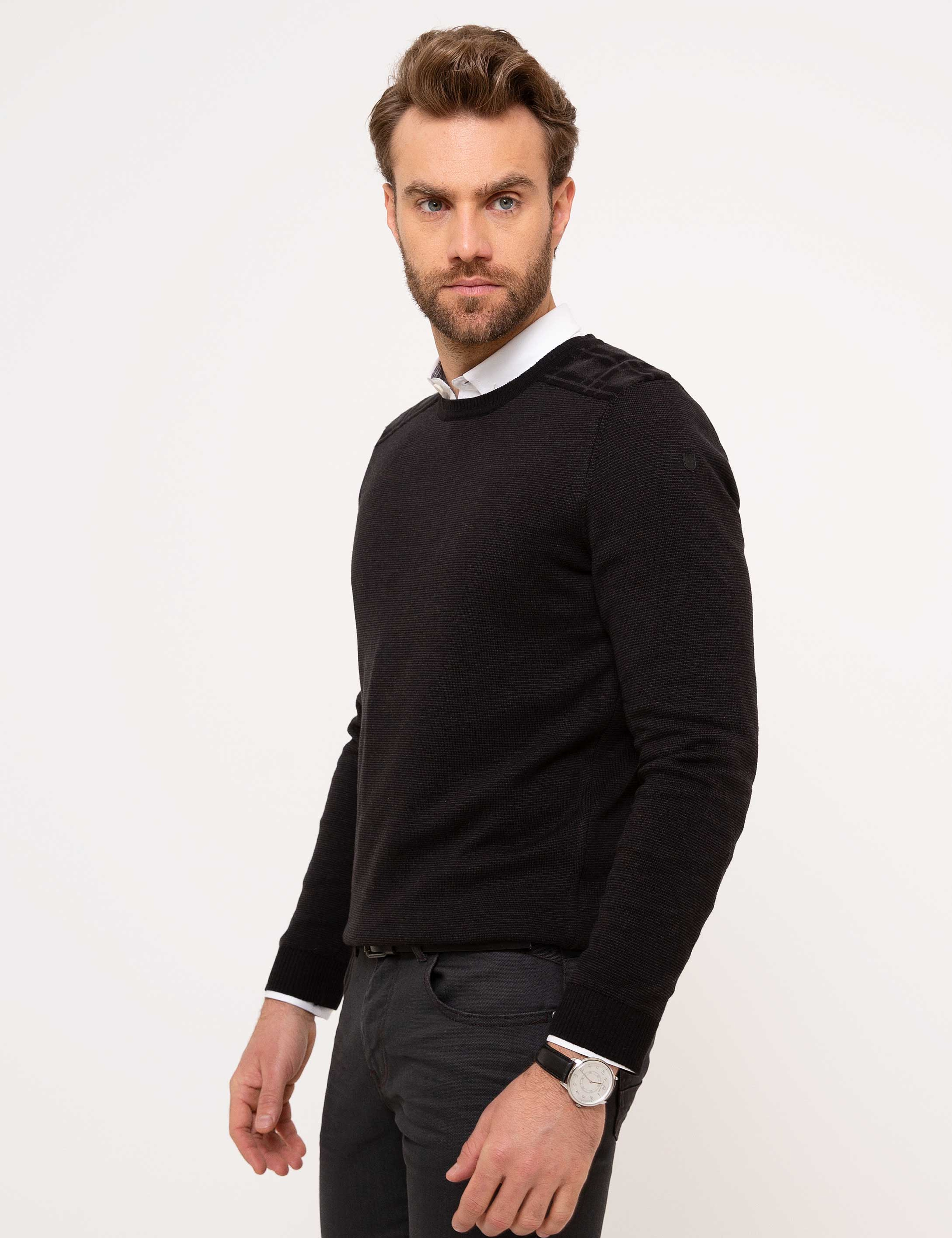 Siyah Slim Fit Triko Kazak - Image 3