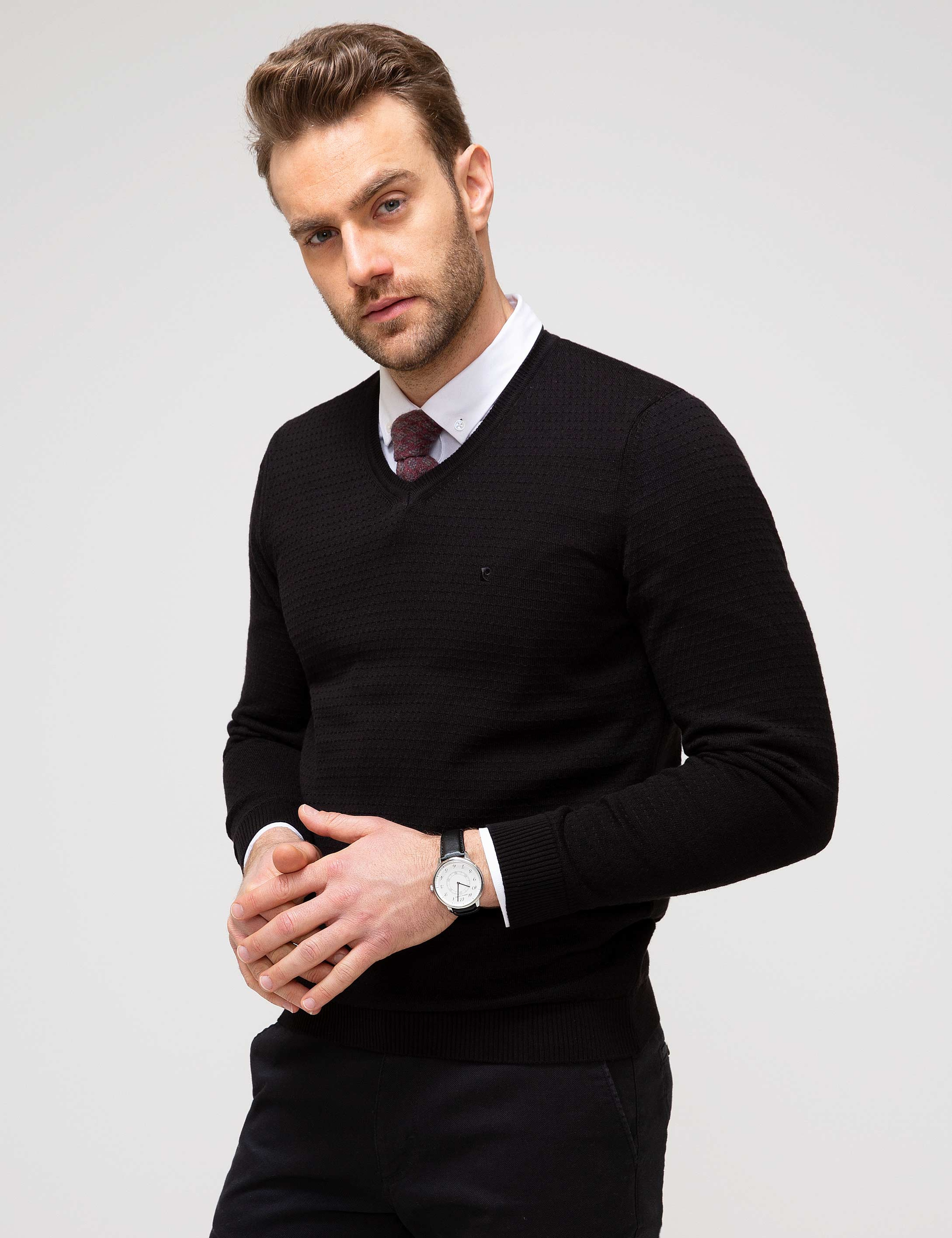 Siyah Slim Fit V Yaka Triko Kazak - Image 2