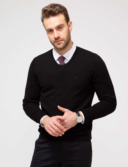 Siyah Slim Fit V Yaka Triko Kazak - 50208707007