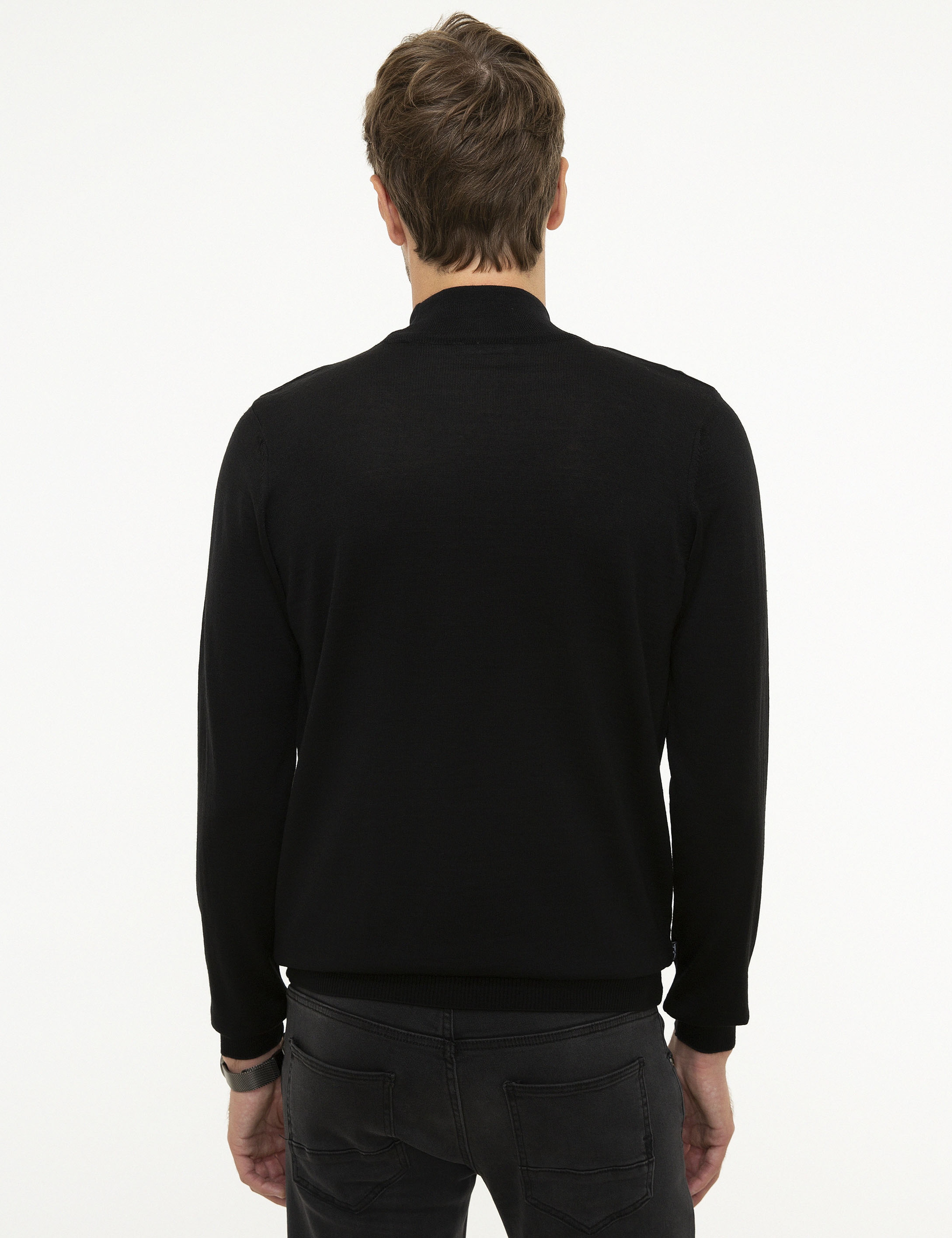 Siyah Slim Fit Yarım Balıkçı Yaka Basic Triko Kazak