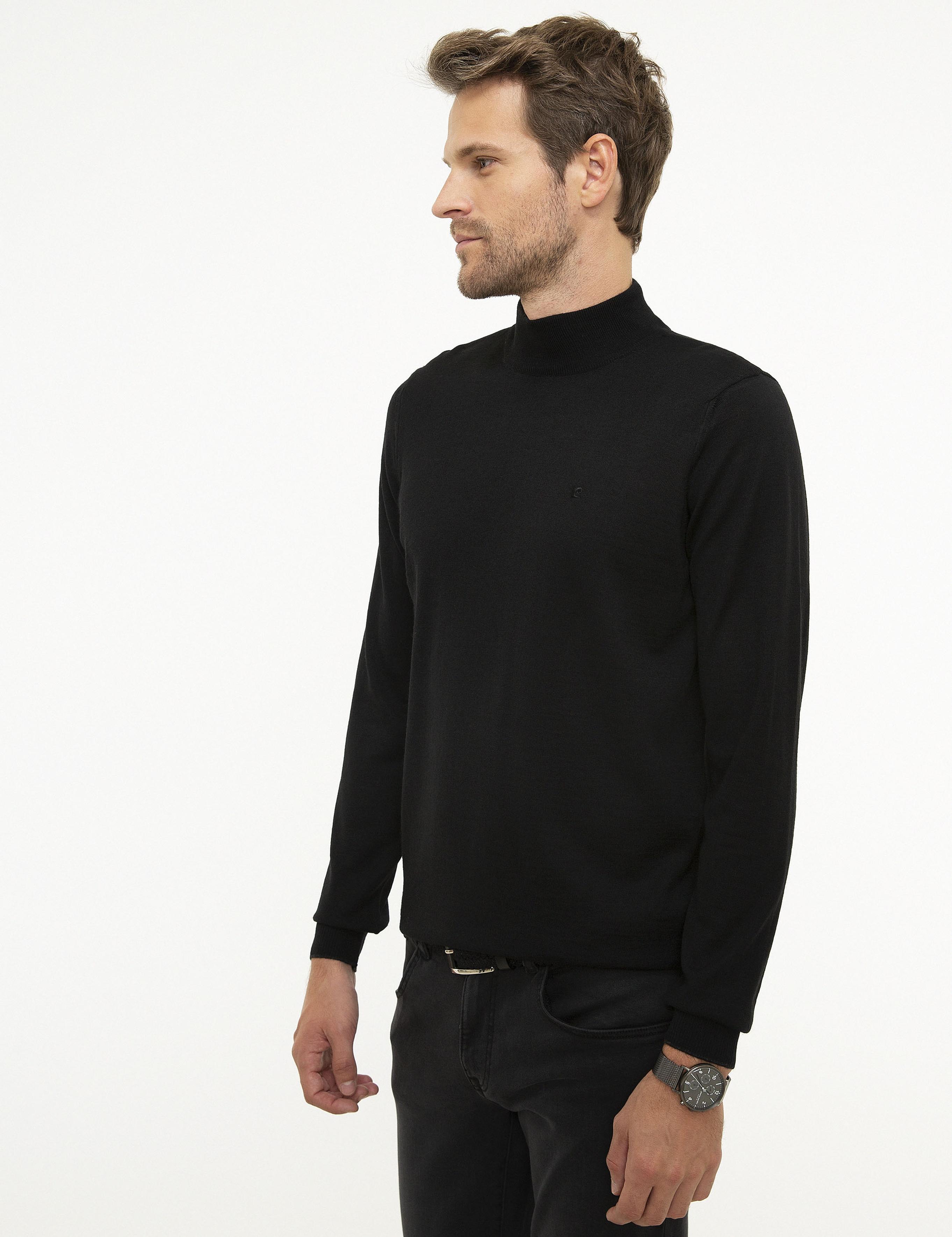 Siyah Slim Fit Yarım Balıkçı Yaka Basic Triko Kazak