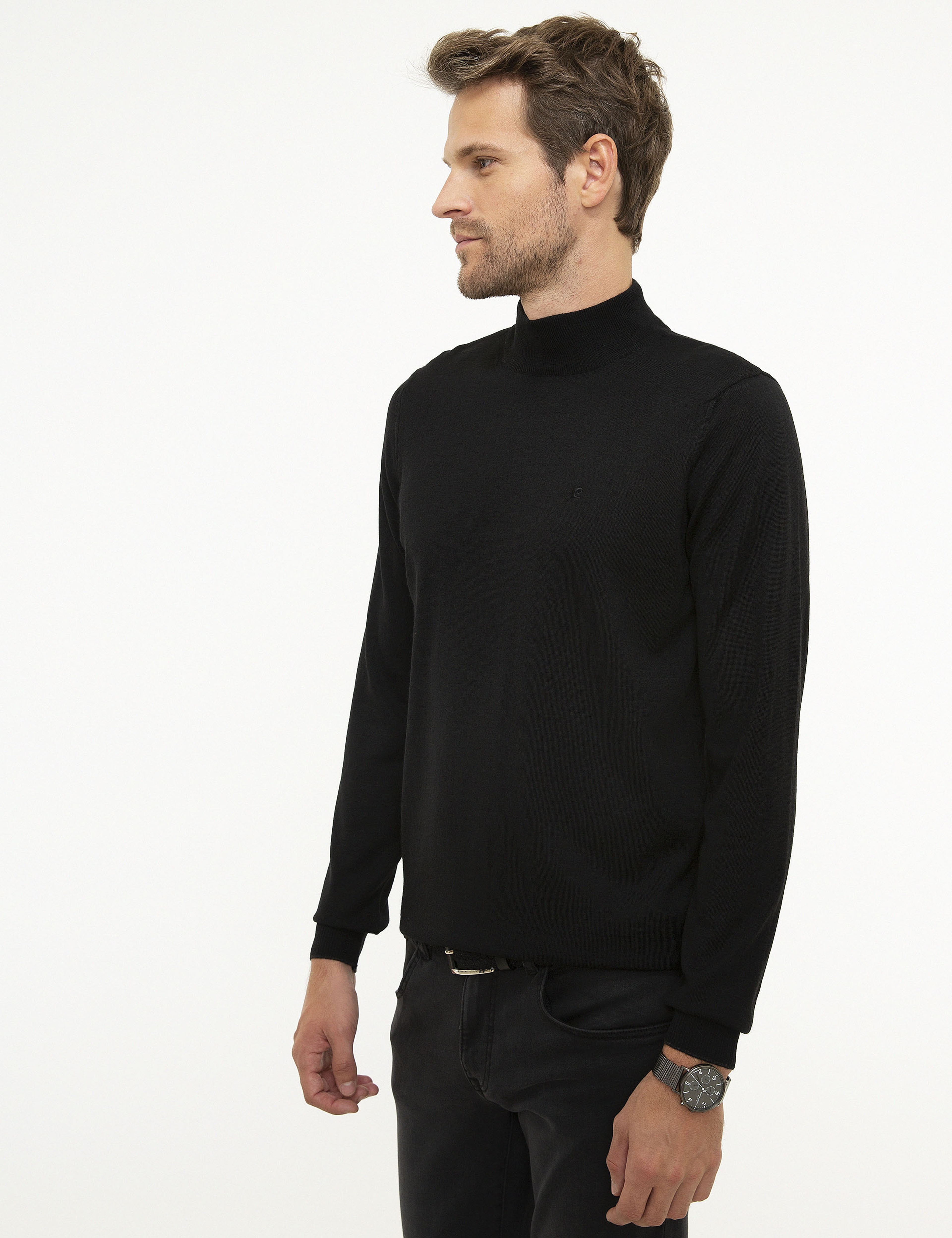 Siyah Slim Fit Yarım Balıkçı Yaka Basic Triko Kazak - Image 3