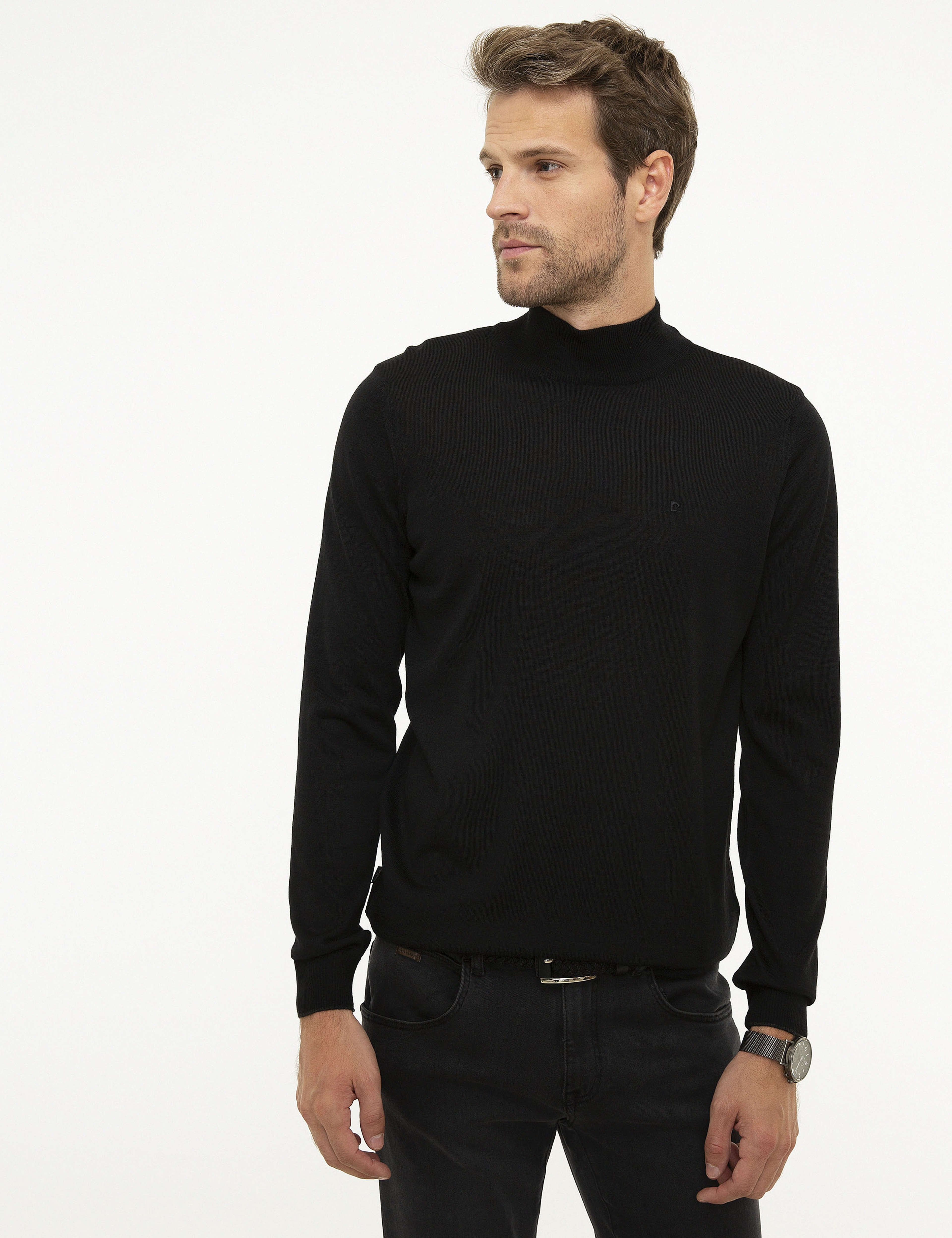 Siyah Slim Fit Yarım Balıkçı Yaka Basic Triko Kazak