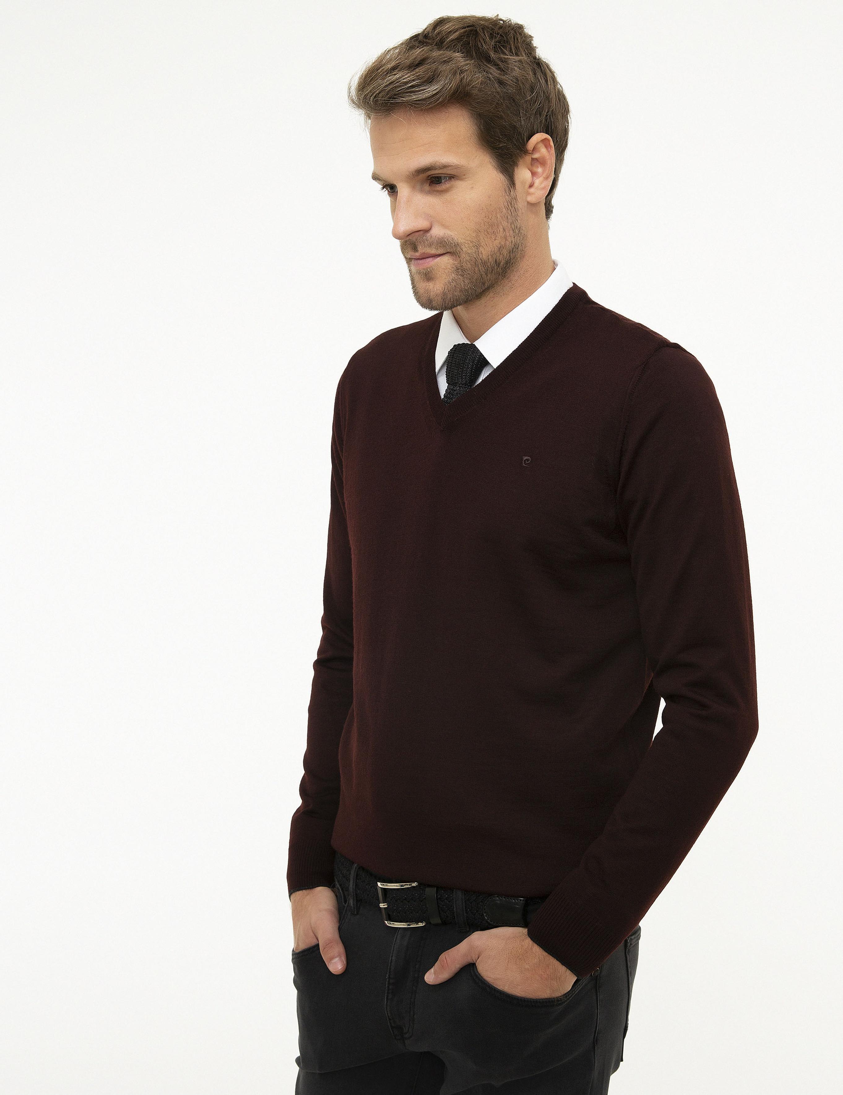 Bordo Slim Fit Basic Triko Kazak