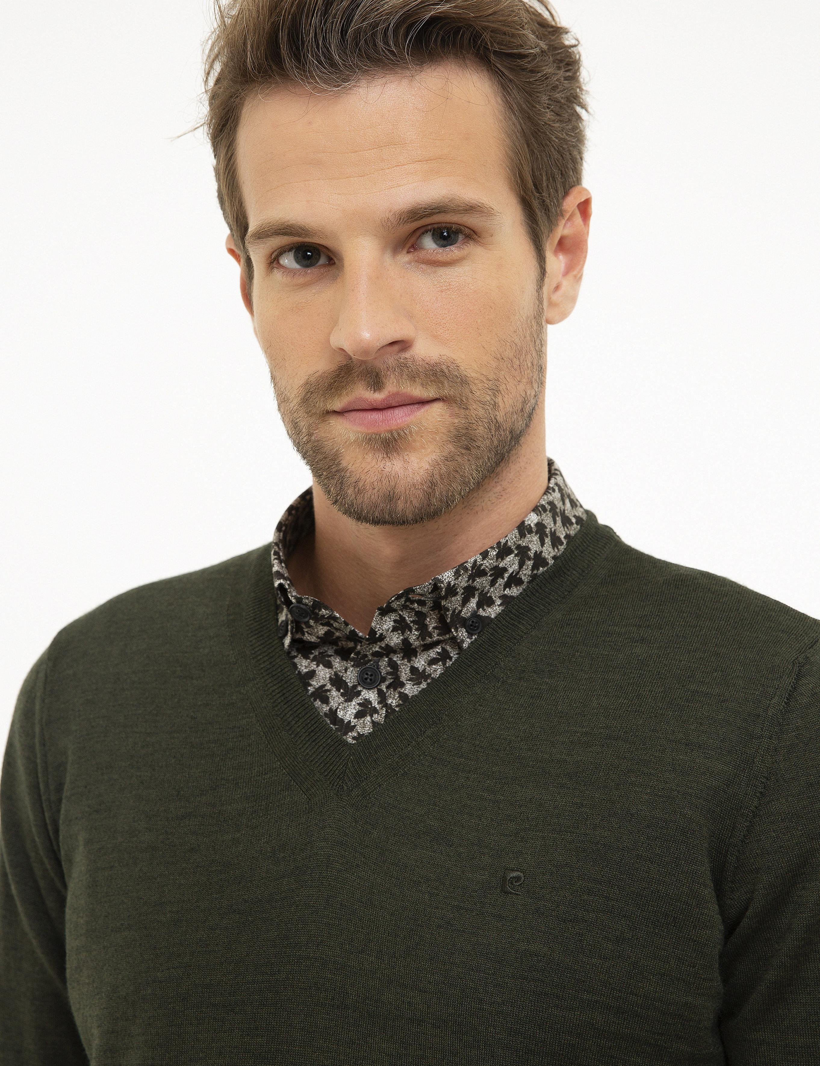 Yeşil Slim Fit V Yaka Basic Triko Kazak