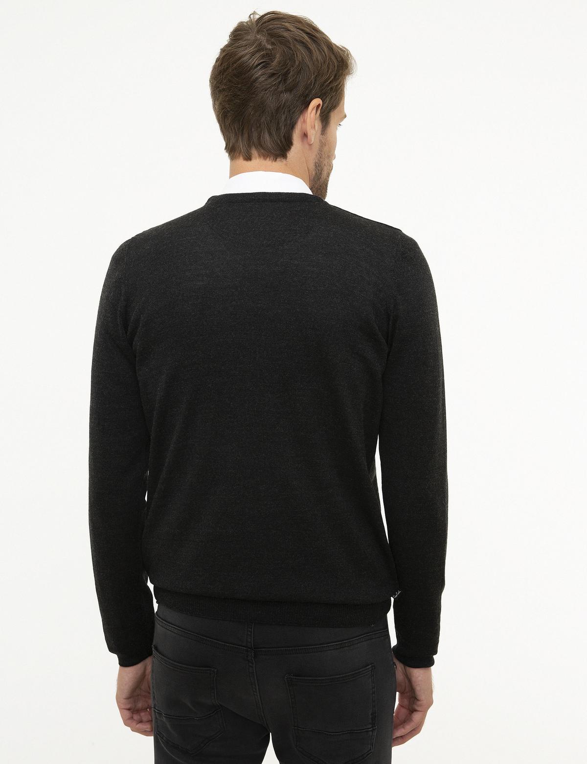 Antrasit Melanj Slim Fit V Yaka Basic Triko Kazak - 50206762064