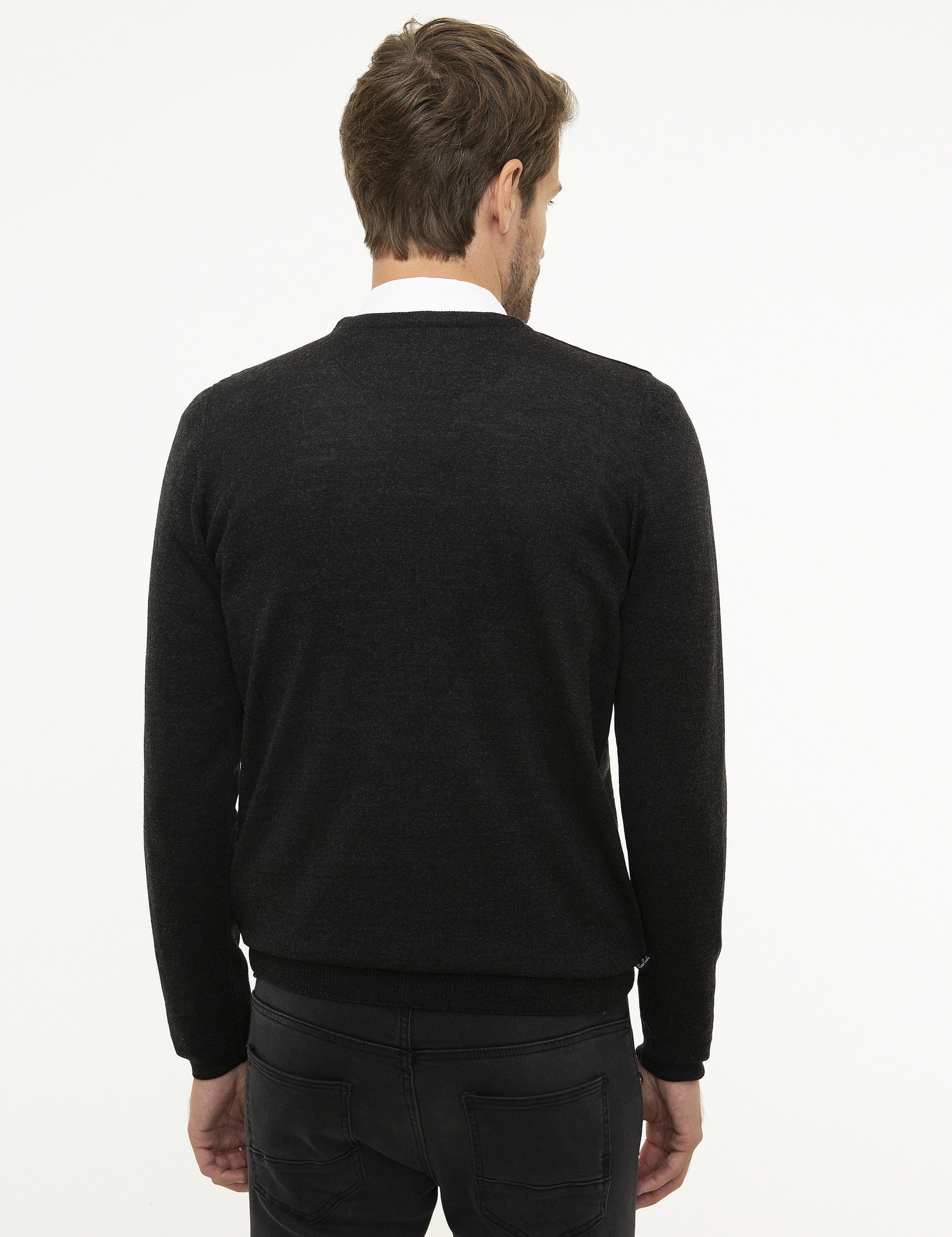 Antrasit Melanj Slim Fit V Yaka Basic Triko Kazak - Image 4