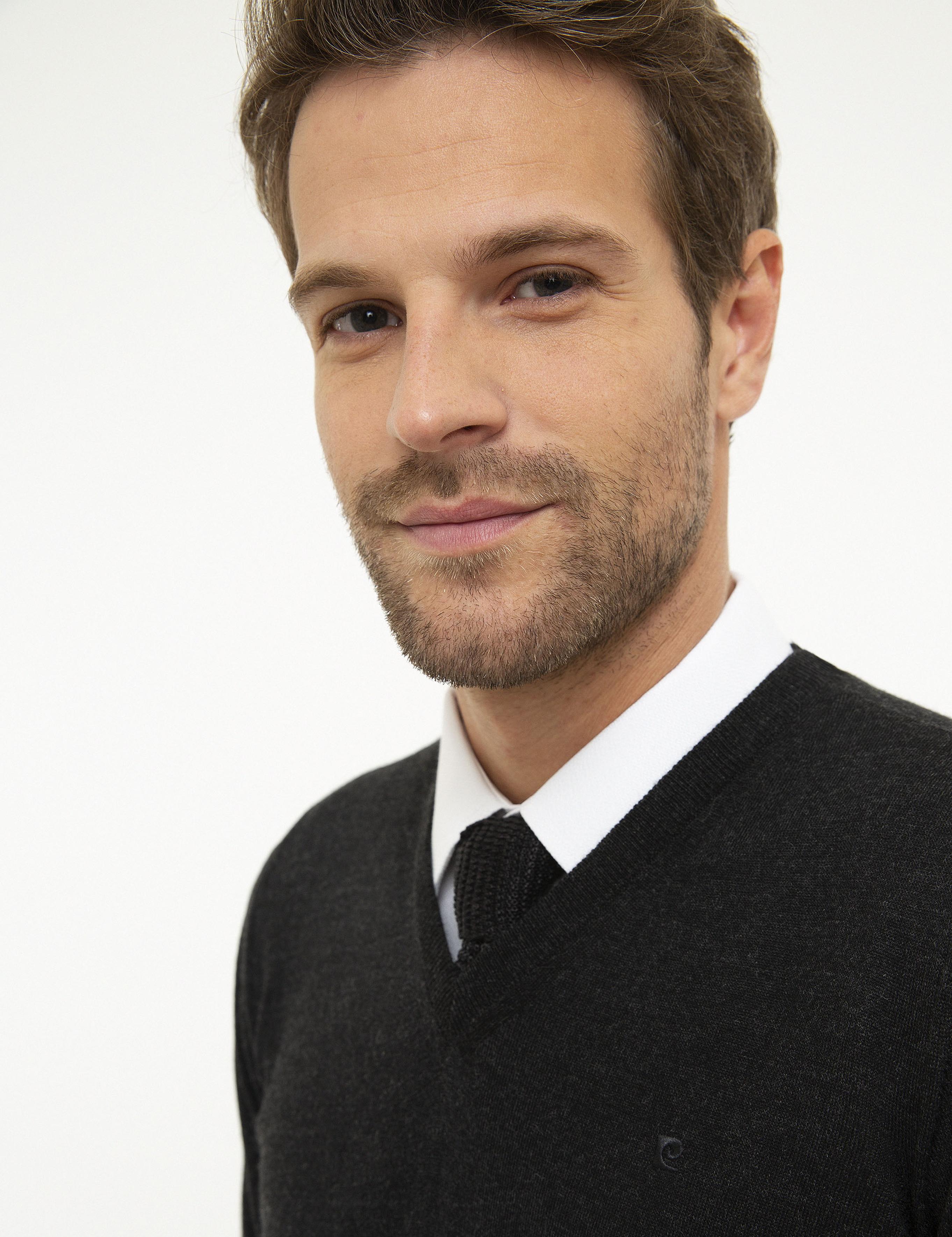 Antrasit Melanj Slim Fit V Yaka Basic Triko Kazak