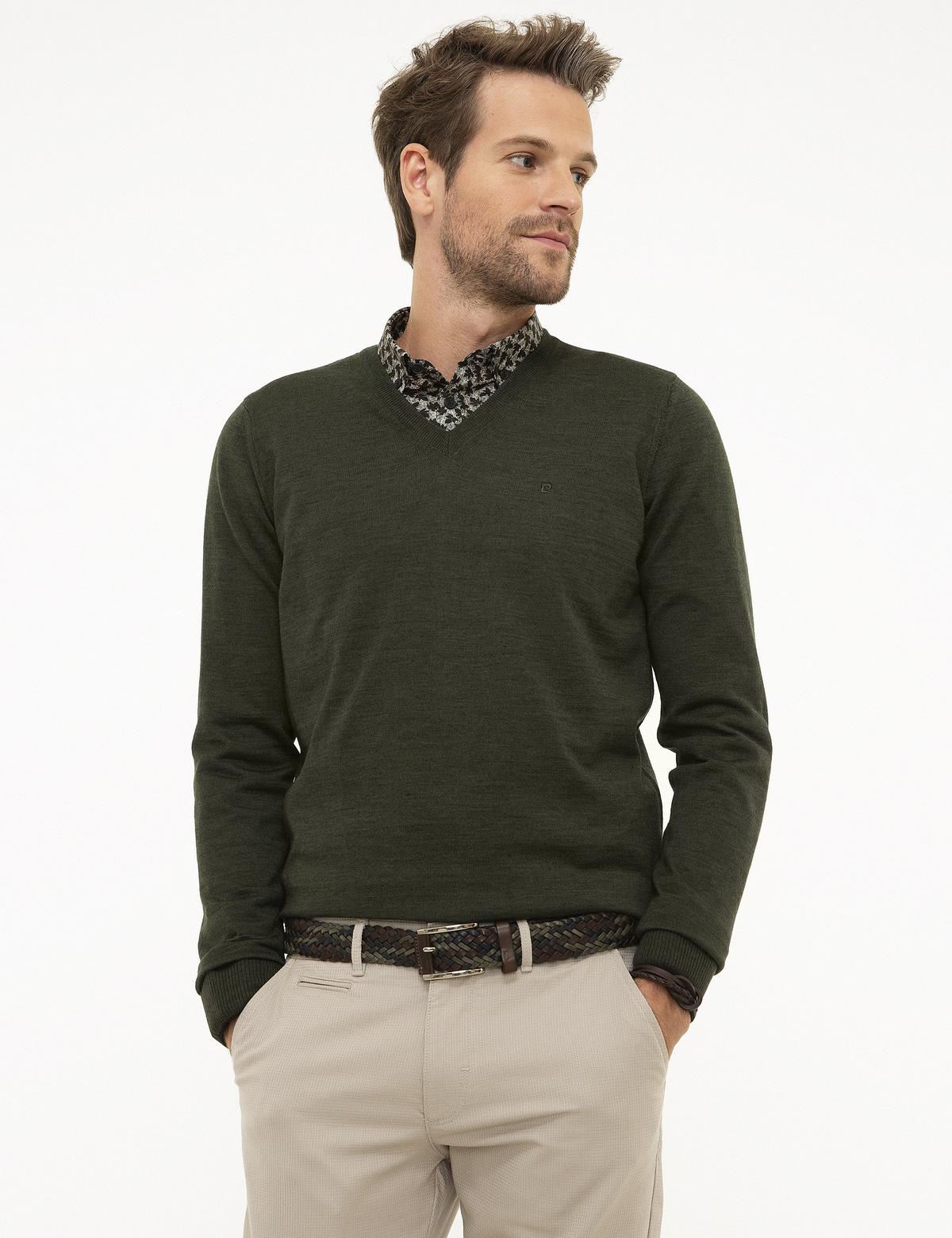 Yeşil Slim Fit V Yaka Basic Triko Kazak