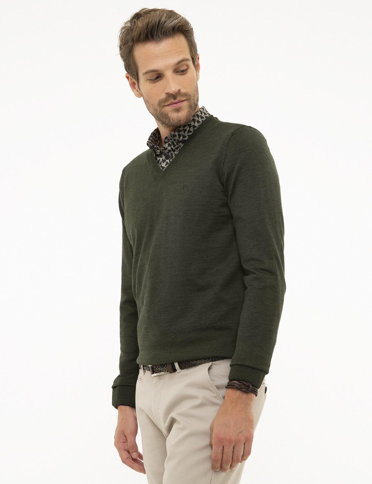 Yeşil Slim Fit V Yaka Basic Triko Kazak - 50206762043