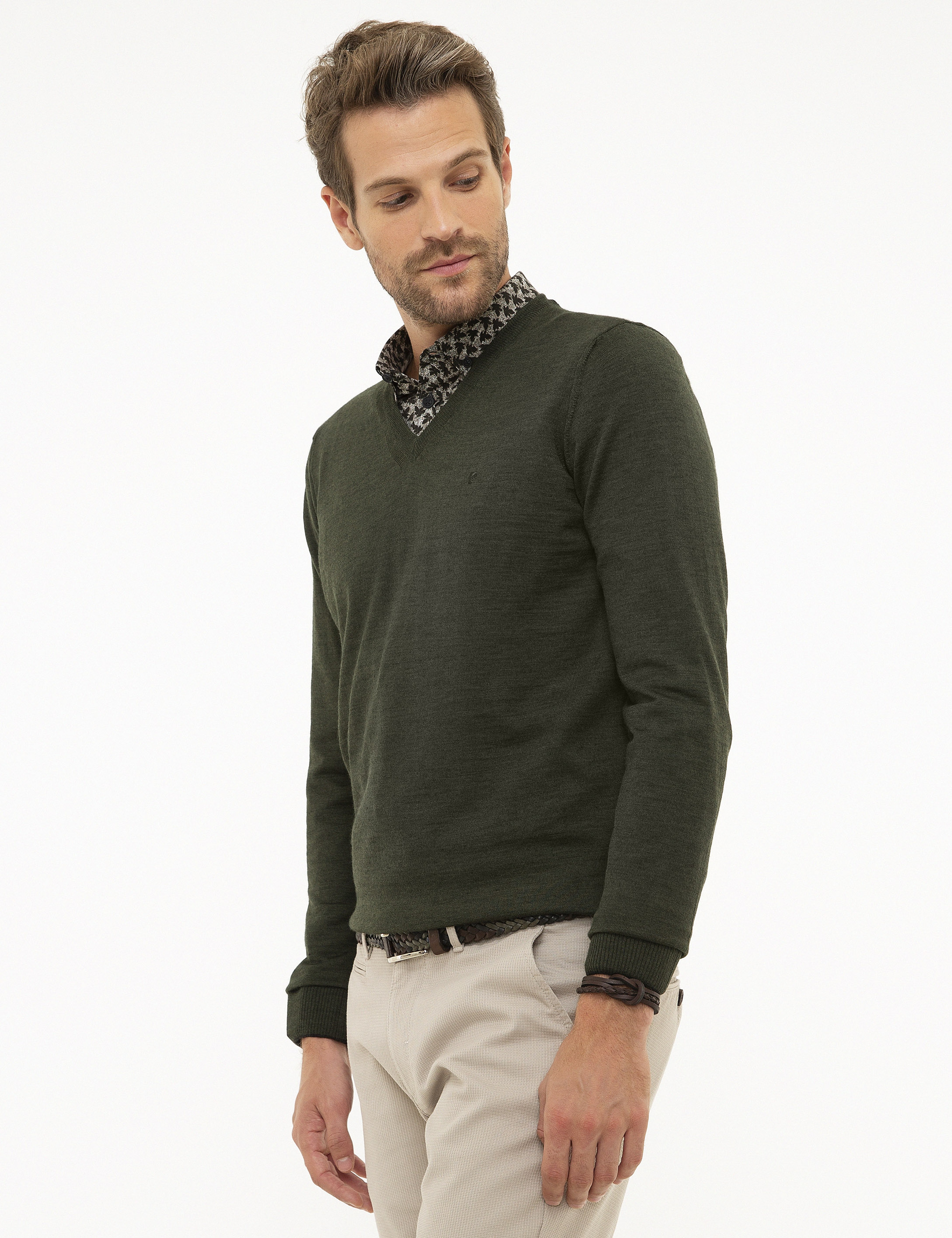 Yeşil Slim Fit V Yaka Basic Triko Kazak
