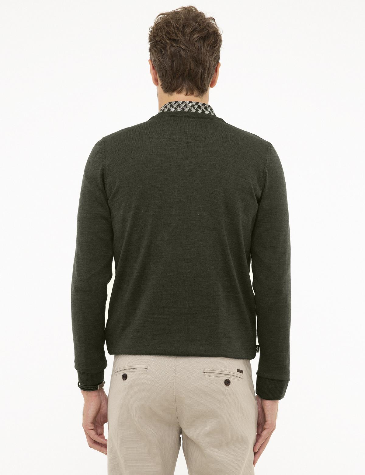 Yeşil Slim Fit V Yaka Basic Triko Kazak - 50206762043