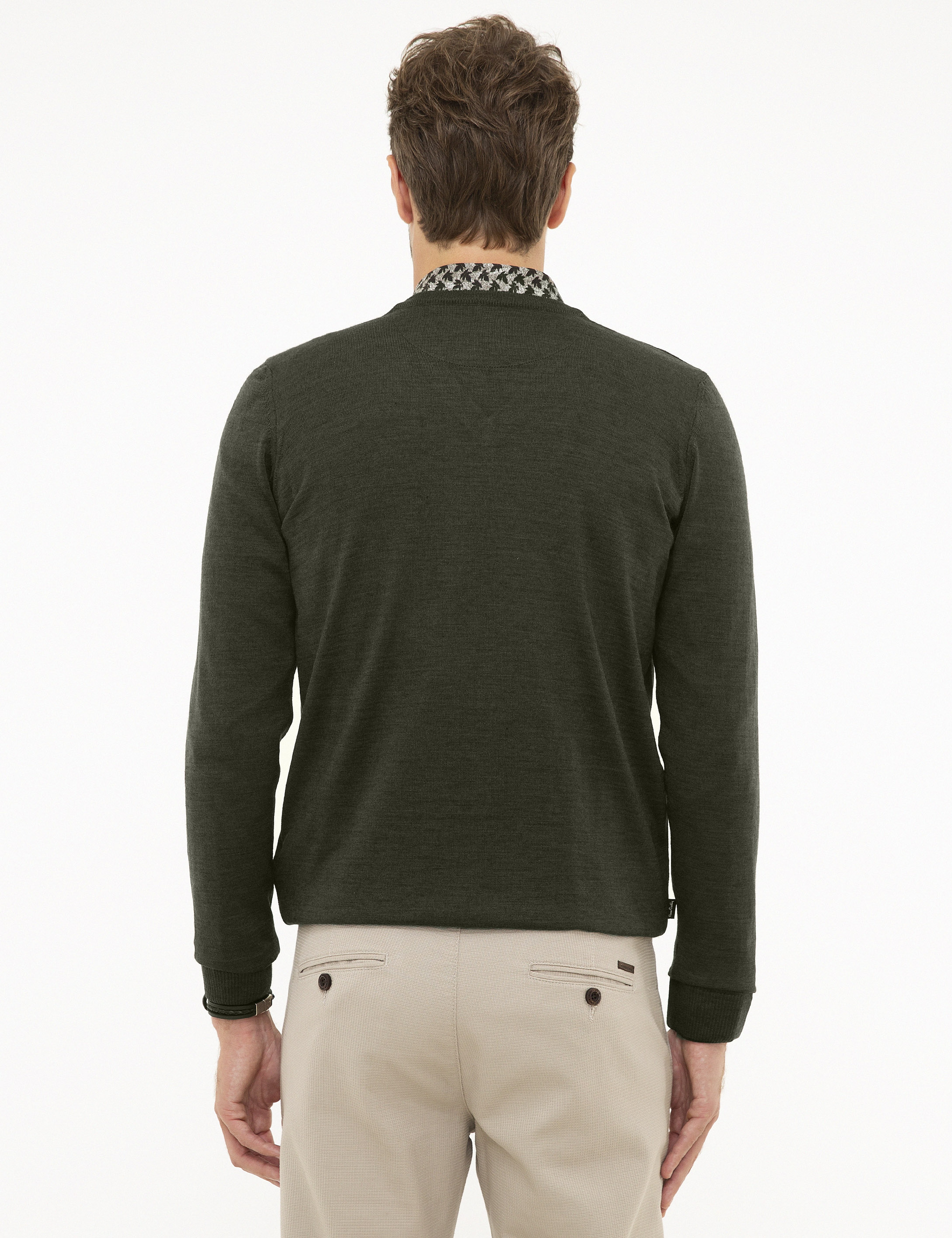 Yeşil Slim Fit V Yaka Basic Triko Kazak - Image 4