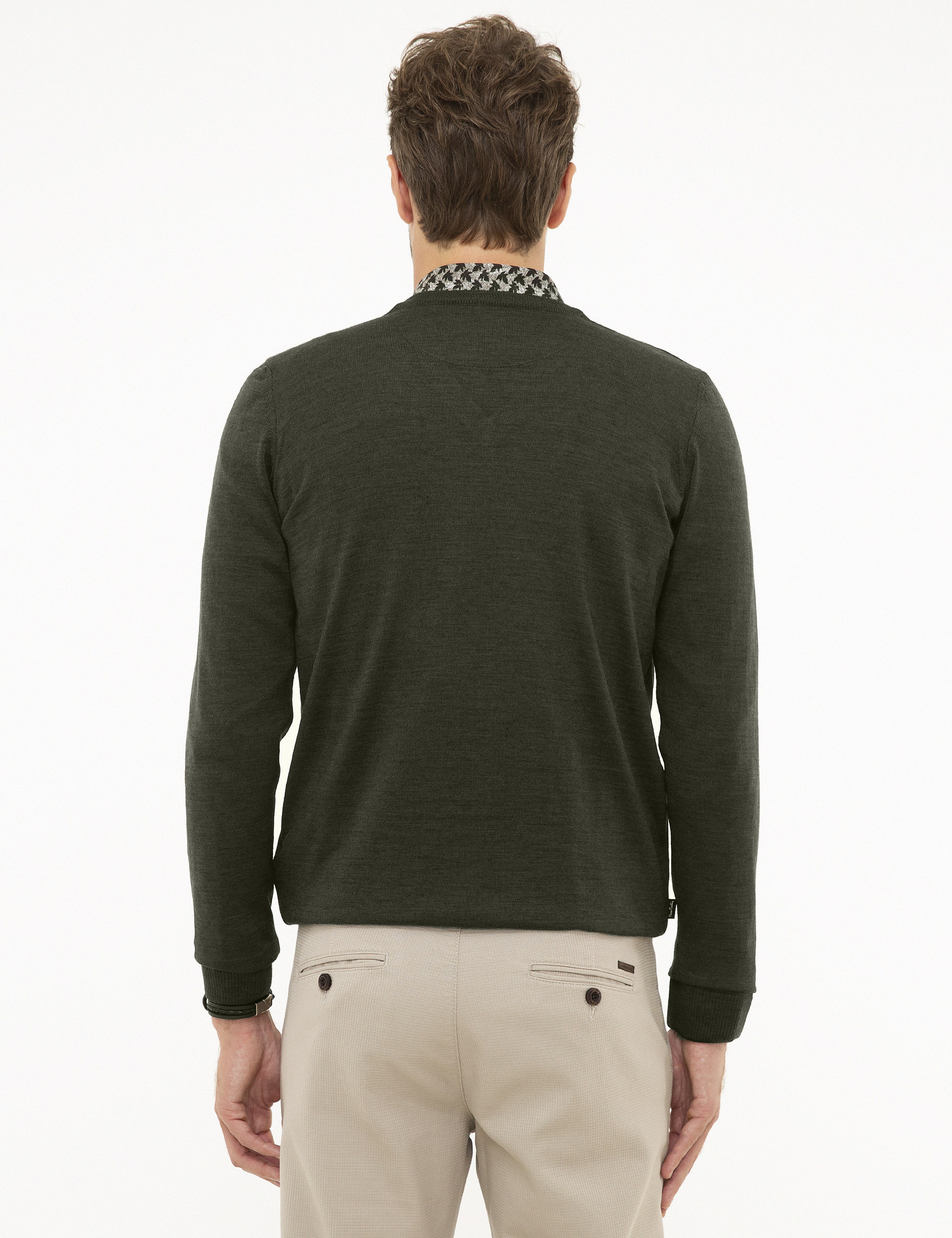Yeşil Slim Fit V Yaka Basic Triko Kazak