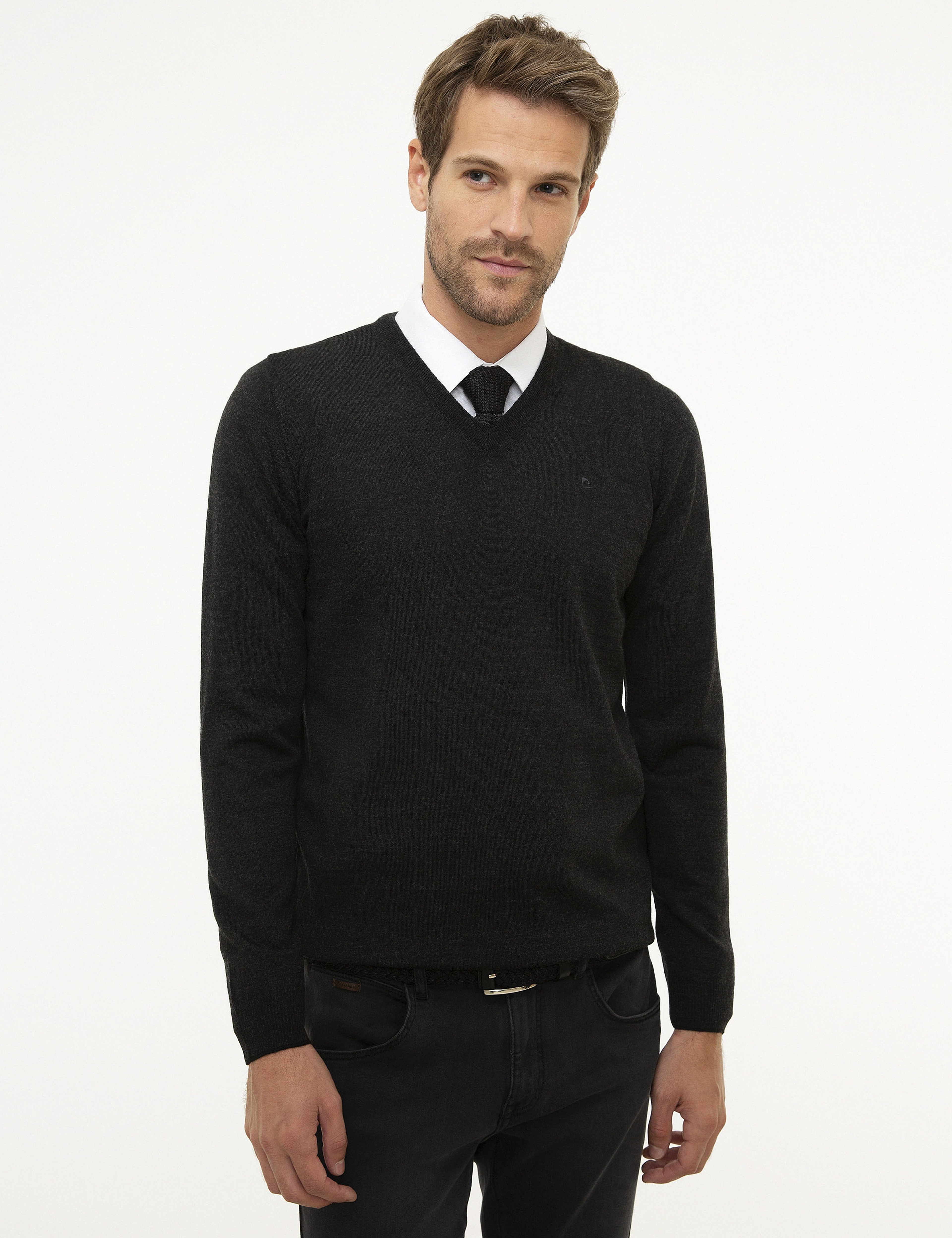 Antrasit Melanj Slim Fit V Yaka Basic Triko Kazak - Image 2
