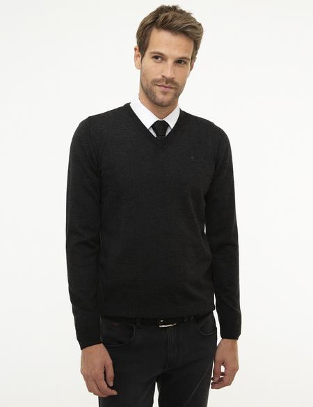 Antrasit Melanj Slim Fit V Yaka Basic Triko Kazak - 50206762064