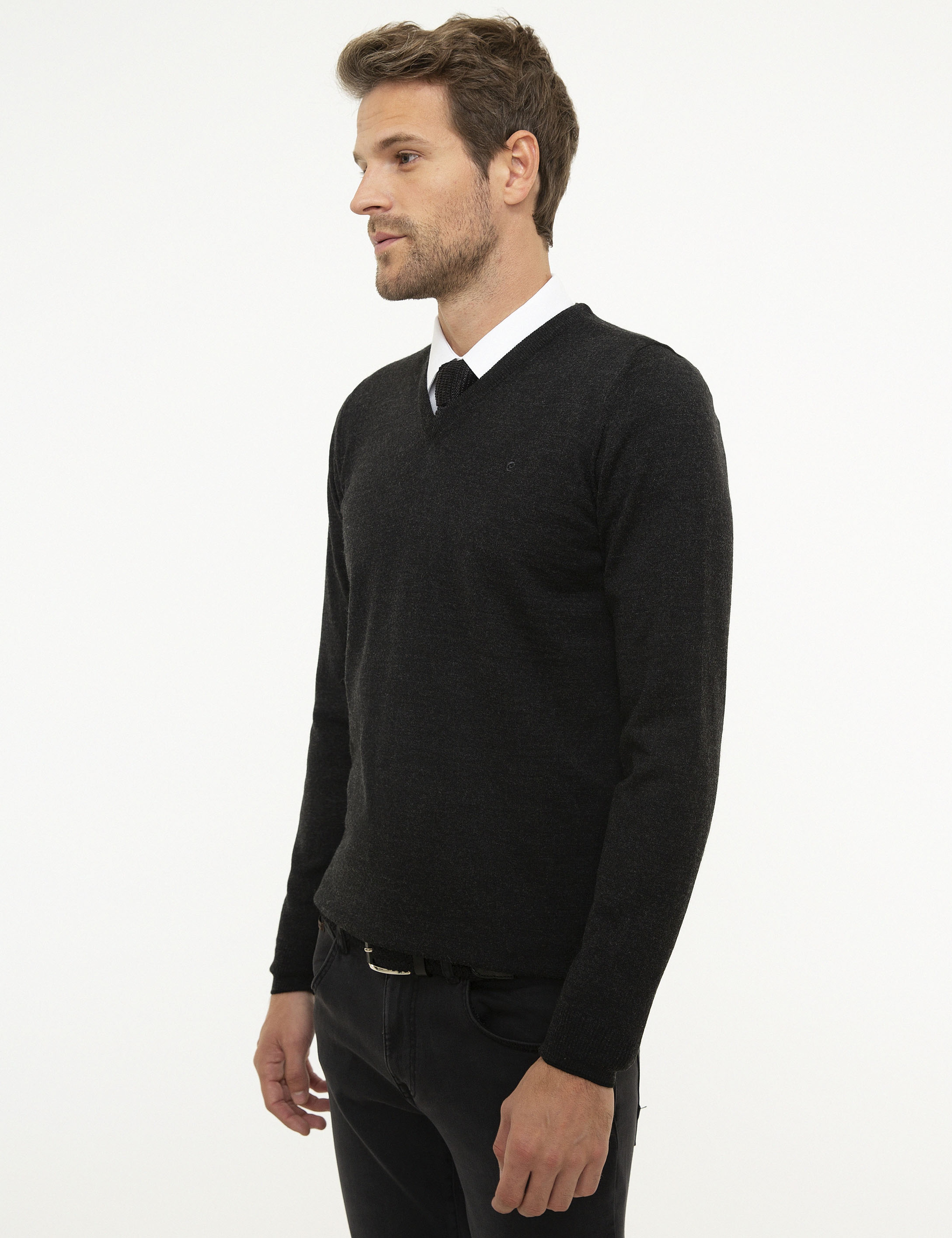 Antrasit Melanj Slim Fit V Yaka Basic Triko Kazak