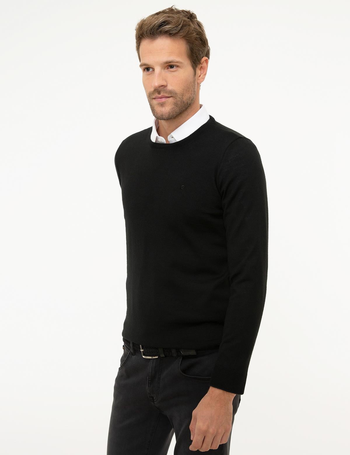 Siyah Slim Fit Bisiklet Yaka Basic Triko Kazak - 50206763026