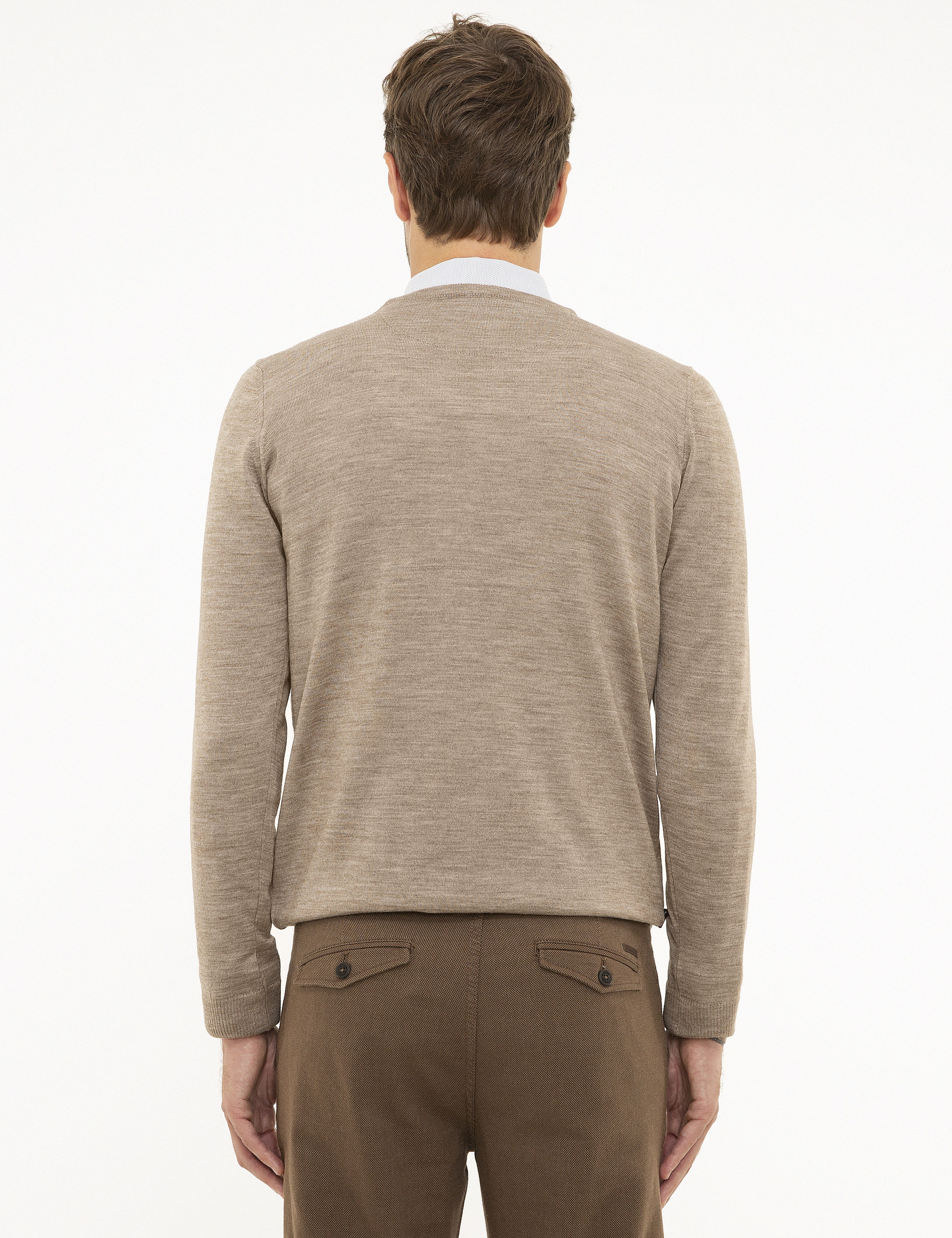 Taş Slim Fit V Yaka Yün Karışımlı Basic Triko Kazak