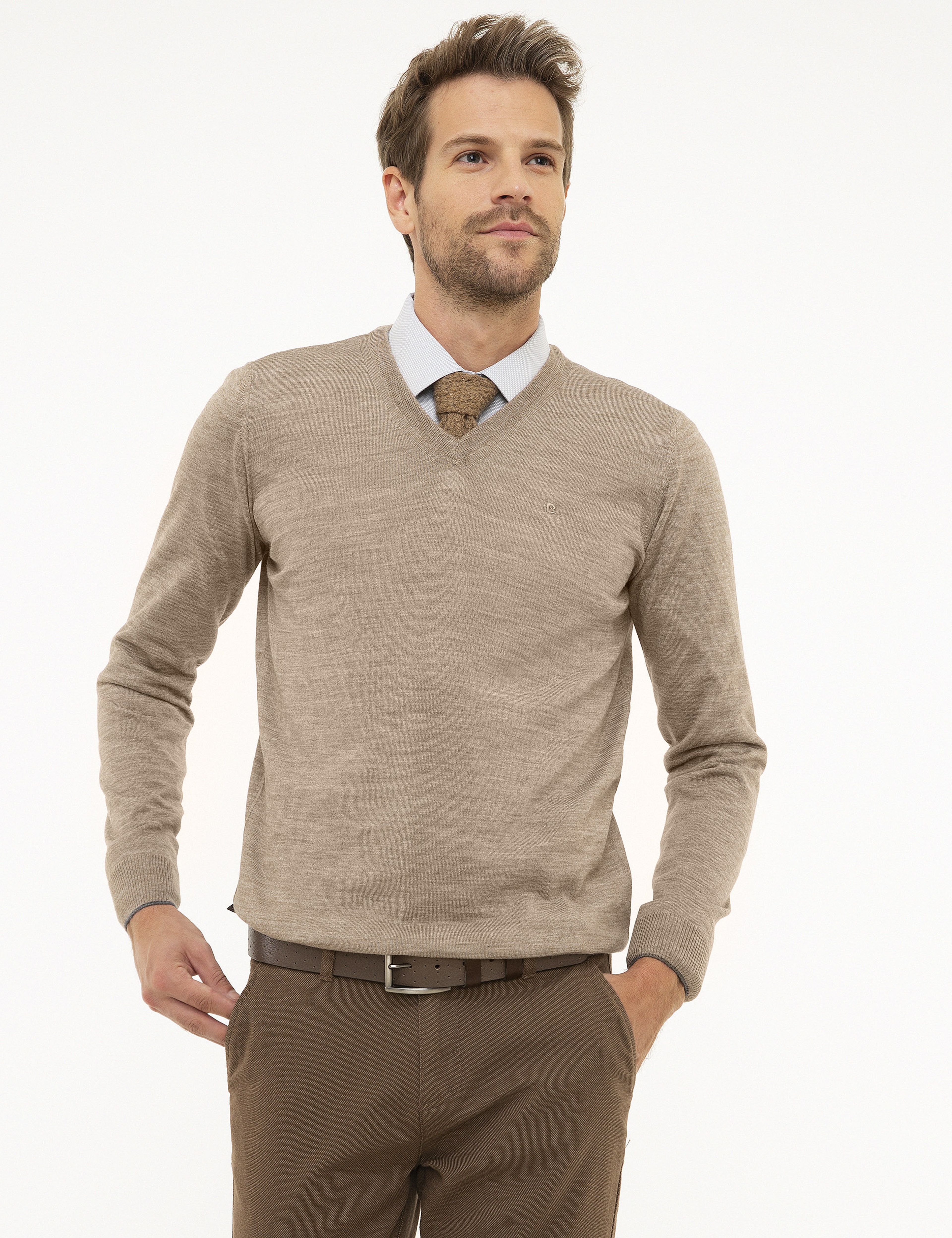 Taş Slim Fit V Yaka Yün Karışımlı Basic Triko Kazak - Image 1